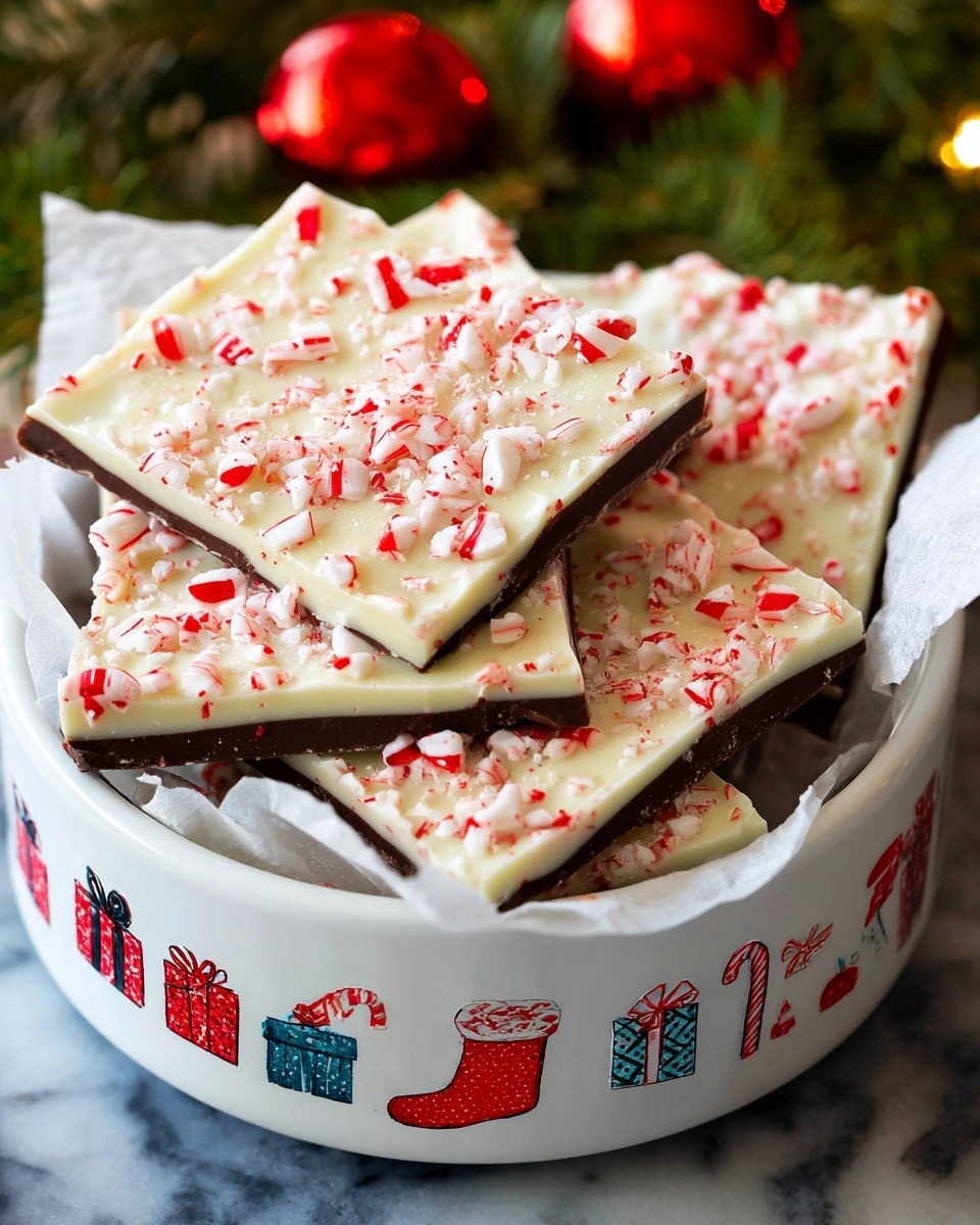 The image shows several pieces of peppermint bark stacked in a white bowl lined with white paper. Each piece has two visible layers: a smooth dark brown chocolate base on the bottom and a thick layer of white chocolate on top. The white chocolate layer is generously sprinkled with crushed peppermint candies, featuring red and white striped fragments scattered all over. The bowl is decorated with a holiday theme, showing small drawings of a red stocking, wrapped gifts, candy canes, and ornaments, and it sits on a white marbled surface. Blurred green pine branches and red ornaments are visible in the background, adding a festive touch. photo taken with an iphone --ar 4:5 --v 7