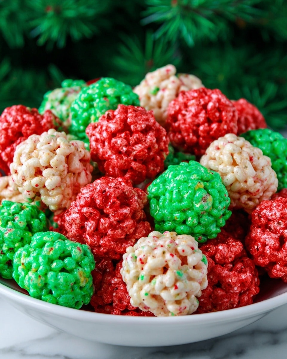 A white bowl filled with many round, colorful treats made from crispy rice cereal. The treats come in three colors: bright red, bright green, and creamy white with small colorful sprinkles inside them. The treats have a rough texture from the cereal and look shiny. The bowl is placed on a white marbled surface, and the background is blurred green, resembling pine branches. photo taken with an iphone --ar 4:5 --v 7