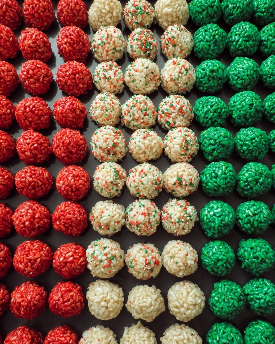 The image shows three rows of round crispy balls made from puffed rice, each row a different color: red on the left, white with colorful sprinkles in the middle, and green on the right. Each ball is small, tightly packed, and has a shiny surface. They are all placed on a dark tray with a smooth texture, arranged in neat rows with similar spacing between them. The colors are bright and festive, making the balls look like holiday treats. photo taken with an iphone --ar 4:5 --v 7