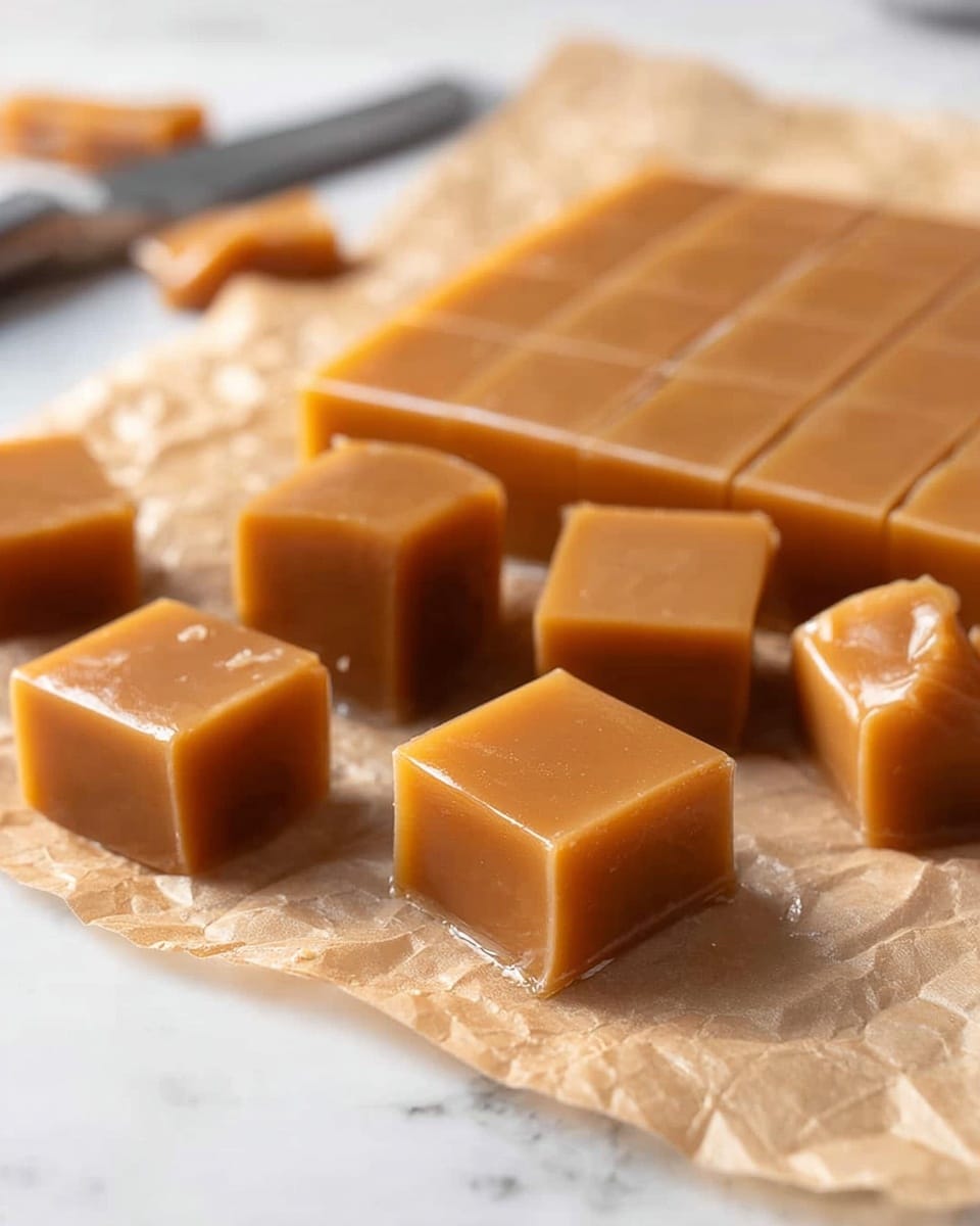 Soft and Chewy Homemade Caramels Recipe 5 A large block of soft, smooth caramel candy is placed on crinkled brown parchment paper on a white marbled surface, with a grid pattern cut into square pieces on the top of the block; several individual caramel squares are separated and standing upright around the main block, showing shiny, dense, and slightly rounded edges, with a knife blurred in the background. photo taken with an iphone --ar 4:5 --v 7