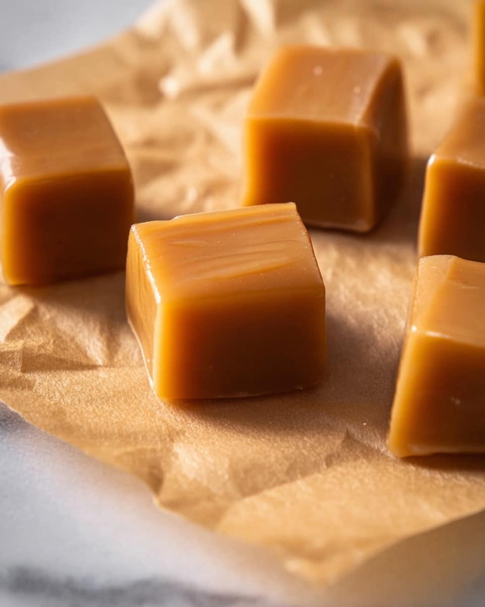 Soft and Chewy Homemade Caramels Recipe 6 A smooth, thick light brown liquid is being poured from a glass bowl into a square baking tin lined with parchment paper that sticks out from the edges. The liquid covers the entire inside of the tin with a shiny, even surface. The background shows a white marbled texture under soft lighting. photo taken with an iphone --ar 4:5 --v 7