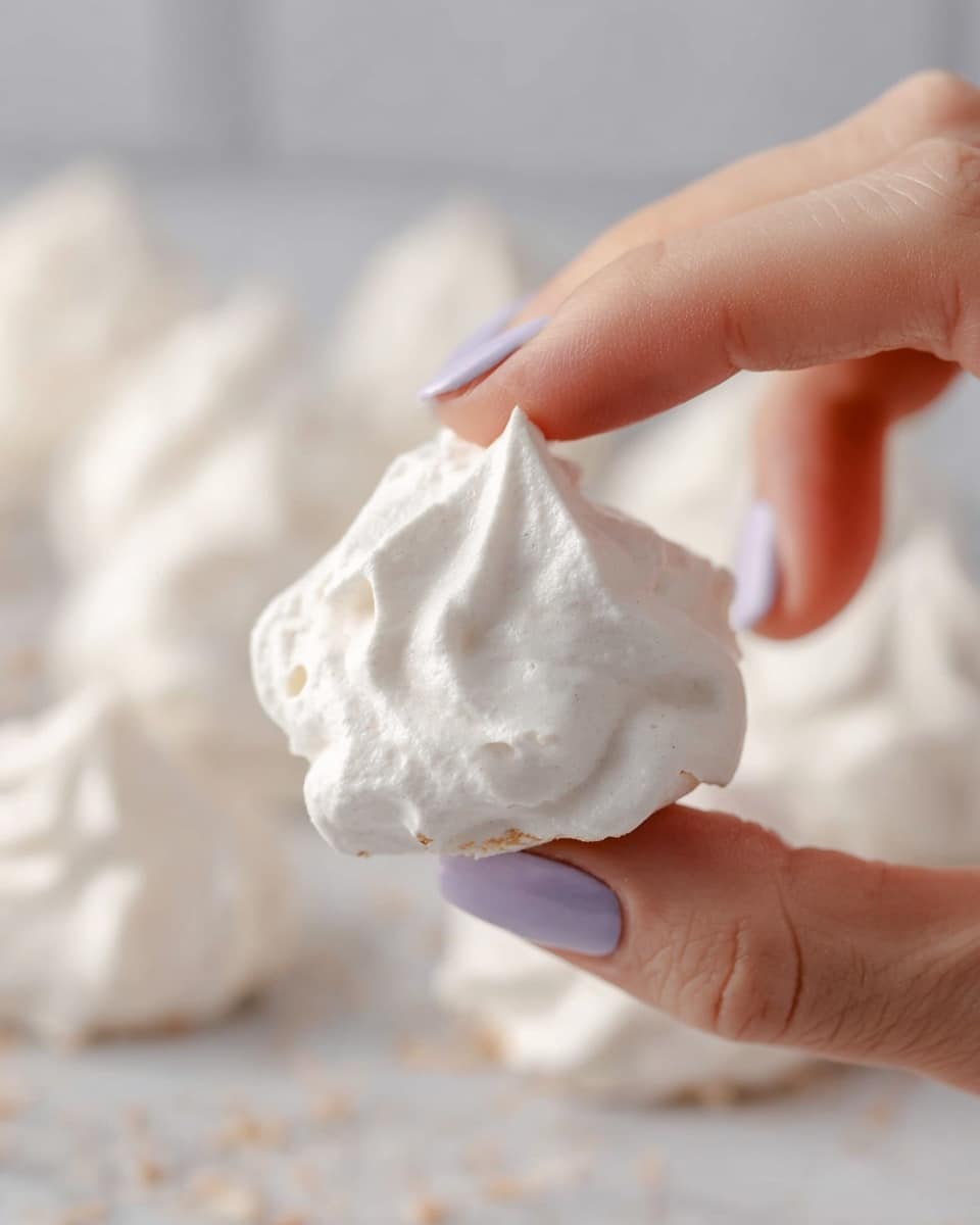 A close-up image of a small white, fluffy meringue piece with a rough, slightly bumpy texture held between a woman's thumb and forefinger, her nails painted glossy light purple. In the background, several white meringue pieces with similar texture are softly blurred on a white marbled surface, creating a clean and light setting. The lighting highlights the soft swirls and peaks of the meringue. photo taken with an iphone --ar 4:5 --v 7