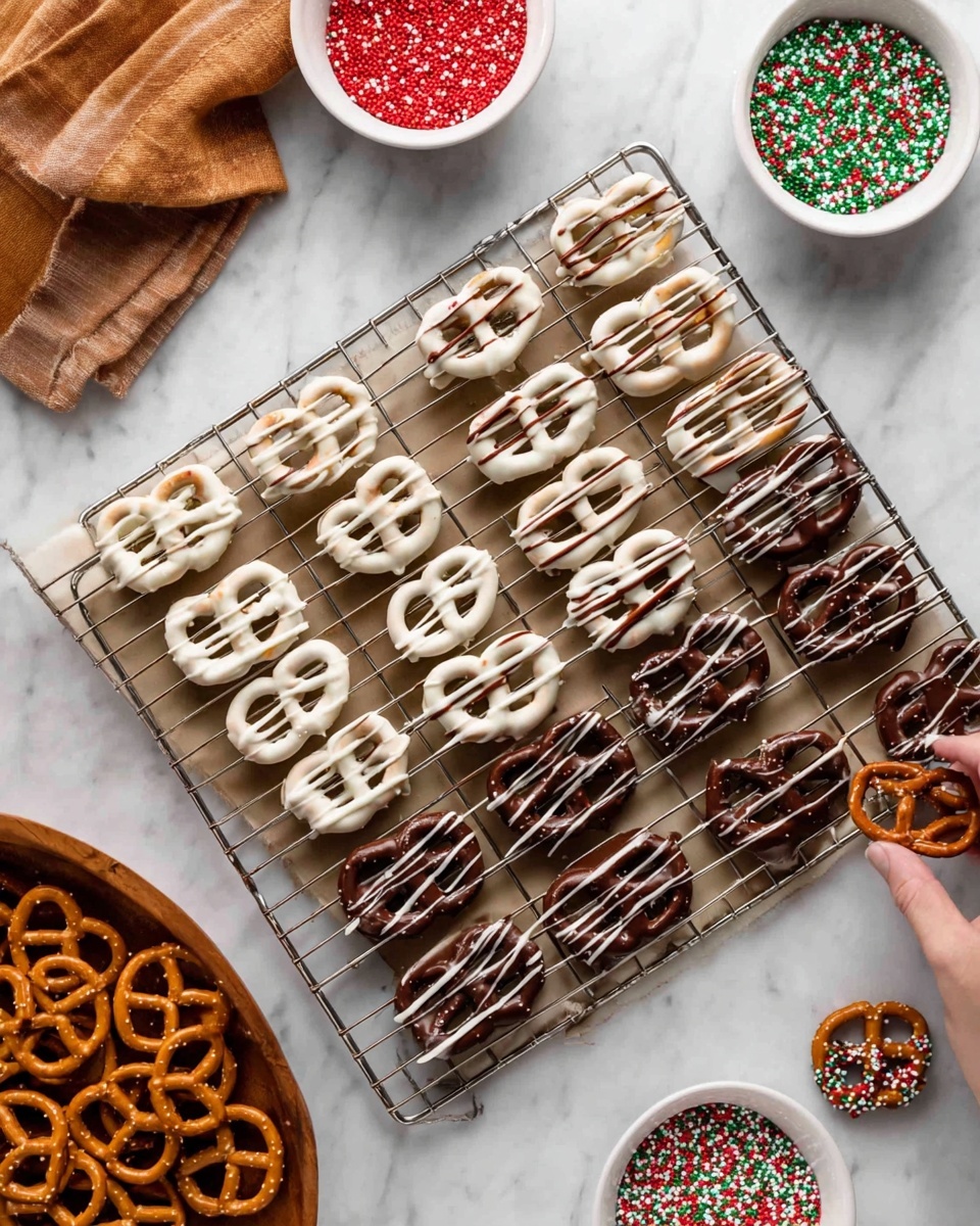 Classic Chocolate Covered Pretzels Recipe 5 This image shows a metal cooling rack on a white marbled surface, holding two types of pretzels in neat rows. One type is coated in white chocolate with smooth white drizzle on top, while the other is covered in dark chocolate with a similar white drizzle. Small pretzels dipped in dark chocolate and decorated with colorful sprinkles are placed near the bottom right of the rack. Around the rack are white bowls filled with red, green, and white round sprinkles, and a wooden bowl with plain pretzels on the bottom left. A woman's hand is reaching for one of the pretzels from the bottom right corner. Photo taken with an iphone --ar 4:5 --v 7