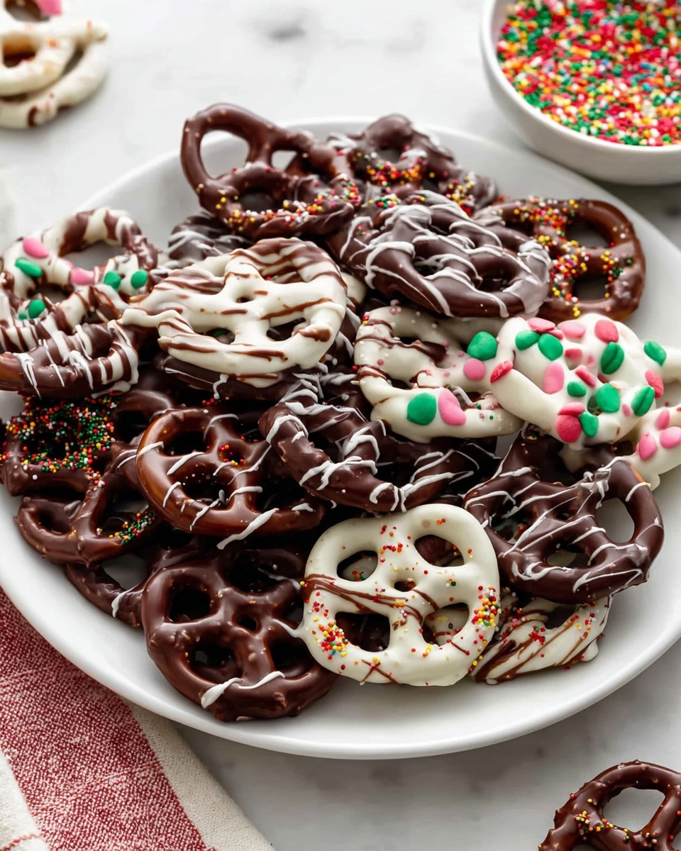 Classic Chocolate Covered Pretzels Recipe 6 A white plate sits on a white marbled surface, filled with pretzels covered in different layers of chocolate. Some pretzels are coated in dark brown chocolate with smooth texture and drizzled with thin lines of chocolate on top. Others have a white chocolate layer, topped with small round red and green sprinkles, or pastel-colored round sprinkles. A few pretzels have dark chocolate with colorful round sprinkles. The pretzels are piled together, showing a mix of shiny smooth chocolate and textured sprinkles. On the edge of the image, a small white bowl with colorful round sprinkles is partially visible. Photo taken with an iphone --ar 4:5 --v 7