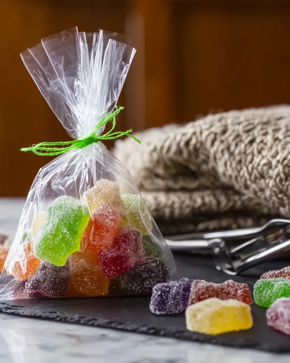 A clear plastic bag tied at the top with a thin green string holds colorful sugar-coated jelly candies in various shapes and sizes=