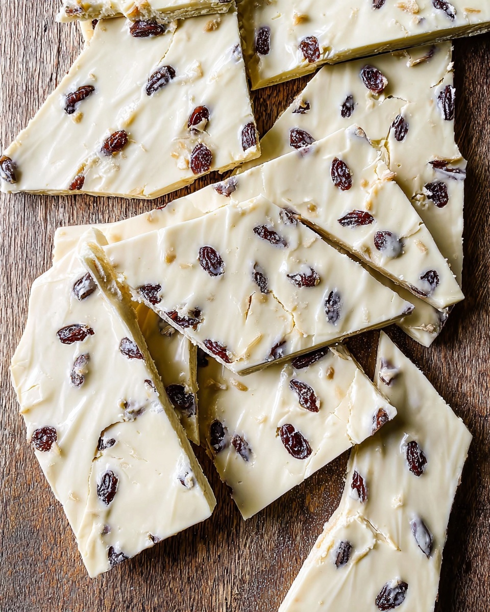 The image shows pieces of white chocolate bark with raisins scattered throughout. The bark is broken into roughly square and irregular pieces, arranged closely on a textured light wood surface. The top layer is creamy white with a smooth but slightly uneven texture, dotted with dark brown raisins that stick out slightly. The bark edges reveal a very thin layer of a darker base underneath the white top. Some pieces have visible cracks, adding to the rustic look of the treat. photo taken with an iphone --ar 4:5 --v 7