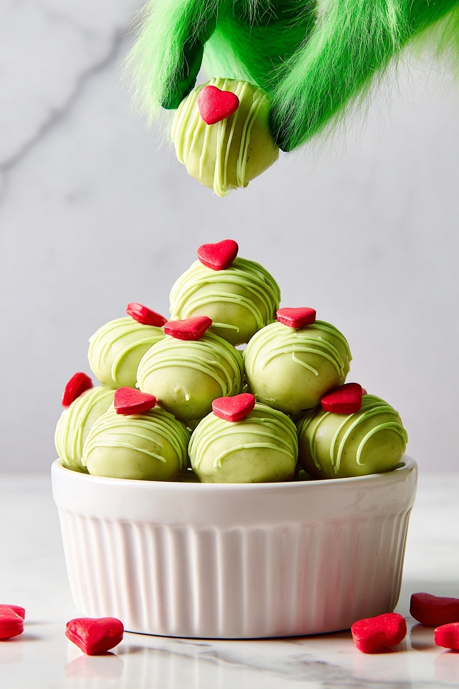 A pile of green round sweets covered with light green icing drizzles and each topped with a small red heart-shaped candy, stacked in a white, fluted-edged bowl sitting on a white marbled surface. Above the bowl, a green furry hand is holding one of the sweets, showing the front decorated side. A few small red heart-shaped candies are scattered on the surface near the bowl. The background is plain with a white marbled texture. photo taken with an iphone --ar 2:3 --v 7 - Grinchy Red Velvet Cake Balls, festive holiday dessert, no-bake cake balls, Christmas treats, green and red holiday bites