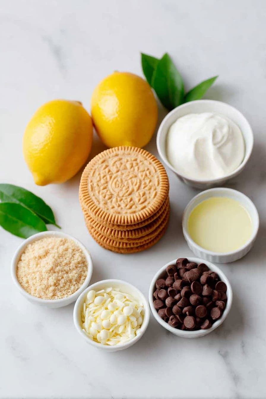 Flat lay of a small stack of fresh whole bright yellow lemons, a few sprigs of green lemon leaves, a small white ceramic bowl filled with fine golden vanilla cream cookie crumbs, a whole Golden Oreo cookie placed beside the crumbs, a small white ceramic bowl with smooth softened cream cheese, a small white ceramic bowl holding delicate lemon zest strands, a small white ceramic bowl containing fresh lemon juice with visible pulp, a small white ceramic bowl filled with glossy white chocolate chips, and a small white ceramic bowl with a dollop of creamy coconut oil, all arranged with perfect symmetry on a clean white marble surface, soft natural light, photo taken with an iPhone, professional food photography style, fresh ingredients, white ceramic bowls, no bottles, no duplicates, no utensils, no packaging --ar 2:3 --v 7 --p m7354615311229779997 - Lemon Oreo Truffles, Lemon Oreo Truffles recipe, no-bake lemon truffles, citrus Oreo dessert, easy lemon truffles