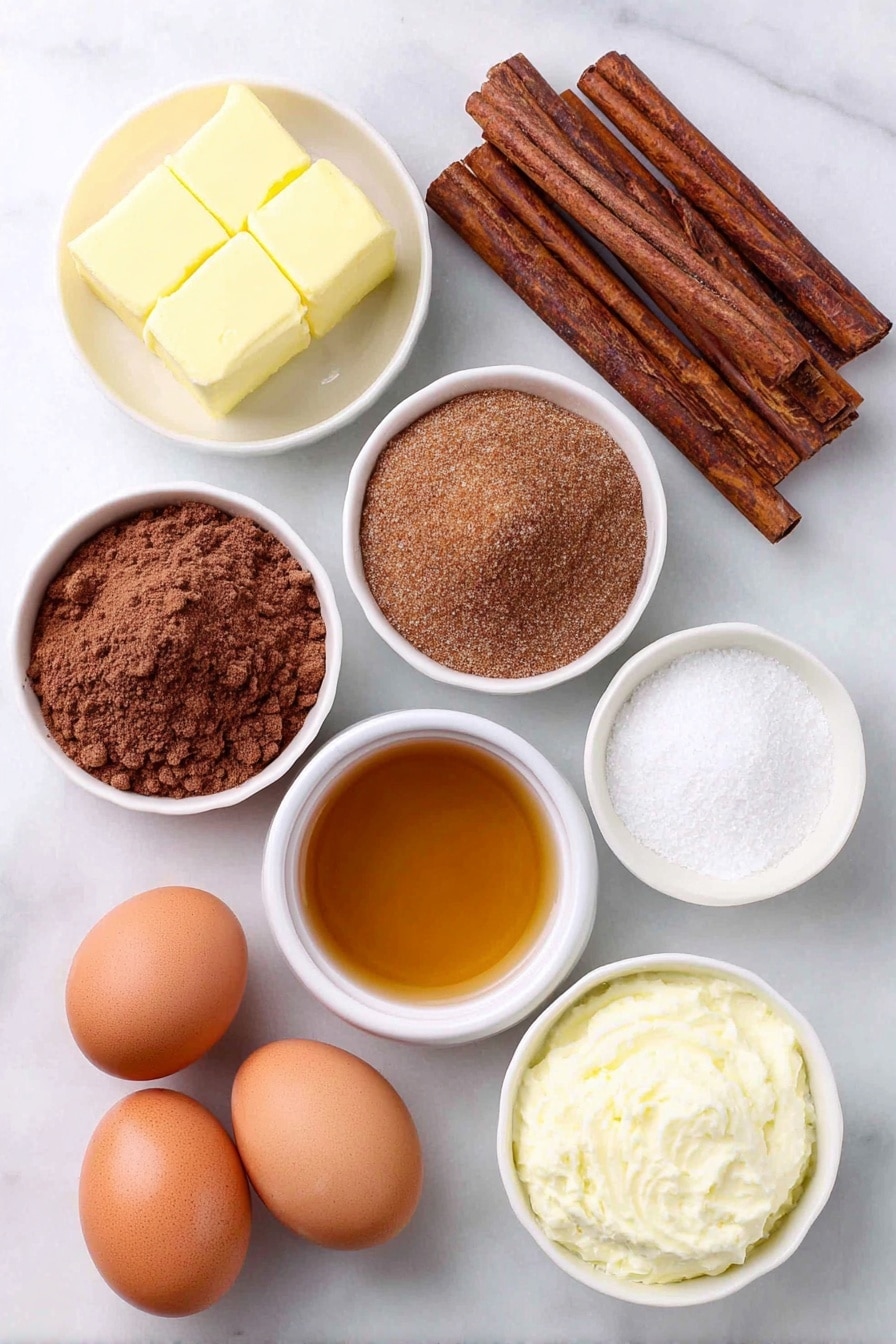 Flat lay of fresh whole brown cinnamon sticks, a small pile of ground cinnamon and nutmeg powders, a few whole cloves, a small mound of granulated sugar, one stick of cubed yellow butter, two whole uncracked brown eggs, a small white ceramic bowl filled with golden light corn syrup, a small white ceramic bowl with rich heavy cream, a small white ceramic bowl holding amber apple cider, and a small white ceramic bowl with clear water, all arranged in perfect symmetry on a clean white marble surface, soft natural light, photo taken with an iPhone, professional food photography style, fresh ingredients, white ceramic bowls, no bottles, no duplicates, no utensils, no packaging --ar 2:3 --v 7 --p m7354615311229779997 - Apple Cider Caramel Squares, caramel dessert with apple cider and warm spices, autumn caramel treats, homemade caramel squares, cozy fall dessert