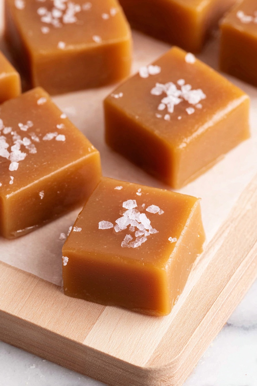 A white plate holds a pile of soft caramel squares, each with smooth light brown surfaces and slightly rounded edges. The caramels are stacked with some sitting flat and others tilted at angles, creating a small mound. Each piece is topped with a sprinkle of coarse white sea salt crystals, which stand out against the warm caramel color. The plate is set on a white marbled surface, and a green apple and part of a wooden tray are blurred in the background. photo taken with an iphone --ar 2:3 --v 7 - Apple Cider Caramel Squares, caramel dessert with apple cider and warm spices, autumn caramel treats, homemade caramel squares, cozy fall dessert