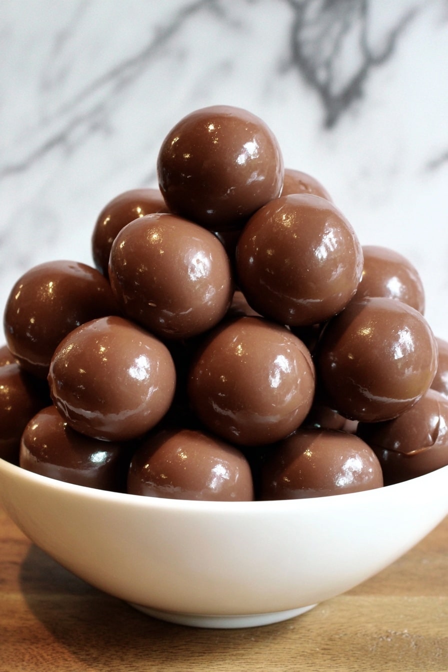A white bowl is filled to the top and piled high with large, round shiny chocolate balls that have a smooth, glossy texture. The chocolate balls are stacked in a pyramid shape, with some spilling over the rim of the bowl, showing their rich brown color with light reflections on their surface. The bowl is set on a white marbled surface. Photo taken with an iphone --ar 2:3 --v 7 - Malted Milk Ball Truffles Malted Milk Balls Chocolate Truffles Easy No-Bake Dessert