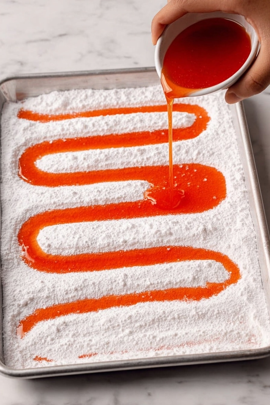A white bowl filled with many small orange pieces covered in a thick layer of white powdered sugar. The pieces are irregular rectangular shapes with a soft texture visible under the powder. The bowl rests on a white marbled surface, showing a slight shadow around it. The photo taken with an iphone --ar 2:3 --v 7 - Homemade Hard Candy, easy hard candy recipe, how to make hard candy, DIY candy tutorial, flavored hard candies