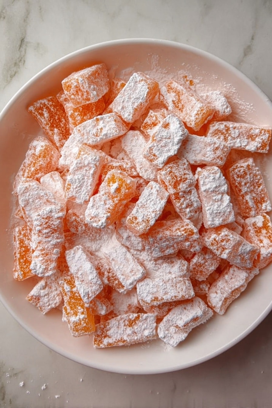 The image shows several small square orange caramels wrapped in clear white wax paper with twisted ends, scattered on a white marbled surface. The caramels have a slightly rough texture with white powdered sugar lightly dusted on them, giving a soft and slightly frosty look. Each caramel is evenly wrapped, showing the orange inside clearly through the paper. Photo taken with an iphone --ar 2:3 --v 7 - Homemade Hard Candy, easy hard candy recipe, how to make hard candy, DIY candy tutorial, flavored hard candies