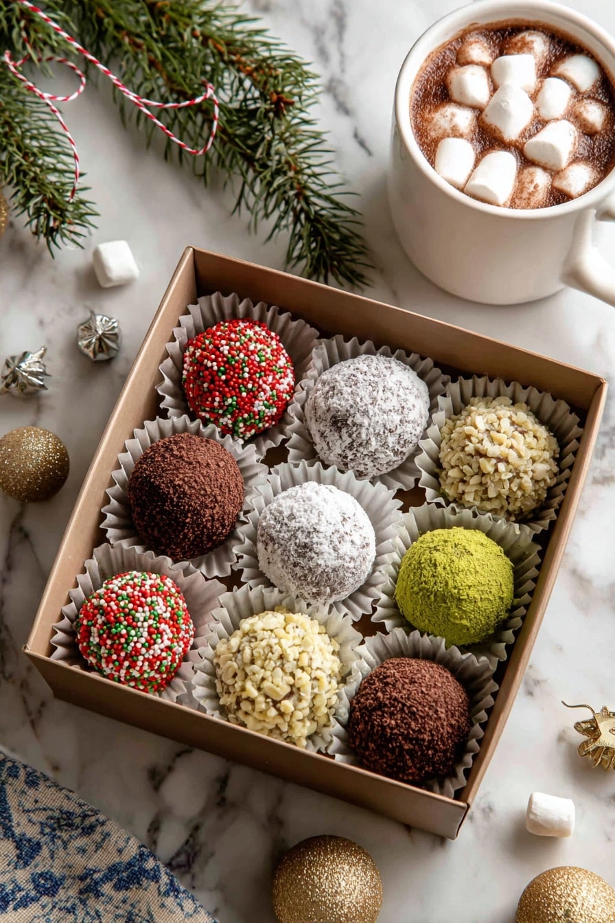 A box with nine round chocolate truffles arranged in a 3 by 3 grid, each placed in individual white paper cups inside a light brown box. The truffles have different coatings: white powdered sugar, red, green, and white tiny round sprinkles, light brown cocoa powder, and crushed nuts, creating a mix of white, red, green, light brown, and nutty beige colors. The box is on a white marbled tiled surface with blue patterns, and nearby are loose truffles, two small gold Christmas ornaments, and a white ceramic mug filled with hot chocolate topped with mini white marshmallows. A plain brown box and green pine sprigs with red and white string are in the background. Photo taken with an iphone --ar 2:3 --v 7 - Chocolate Rum Balls, chocolate rum balls recipe, no-bake rum balls, holiday rum ball favorites, easy chocolate treats