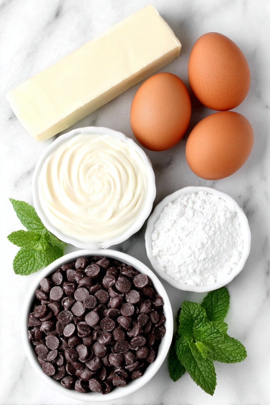Mint Chocolate Fudge Recipe 7 Flat lay of a small pile of glossy semi-sweet chocolate chips, a smooth stick of unsalted butter, a small white ceramic bowl filled with thick sweetened condensed milk, two whole clean brown eggs, a small white ceramic bowl containing clear peppermint extract, a small white ceramic bowl with pale vanilla extract, and a few fresh mint leaves arranged neatly, all placed on a clean white marble surface, soft natural light, photo taken with an iPhone, professional food photography style, fresh ingredients, white ceramic bowls, no bottles, no duplicates, no utensils, no packaging --ar 2:3 --v 7 --p m7354615311229779997 - Mint Chocolate Fudge, Mint Chocolate Fudge recipe, easy mint chocolate fudge, quick holiday fudge, peppermint chocolate dessert