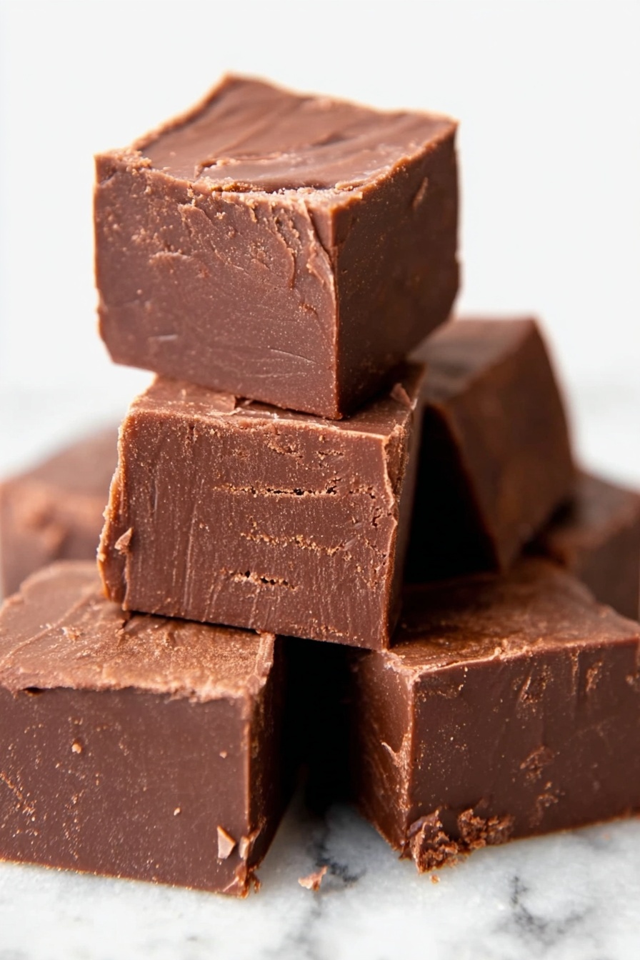Mint Chocolate Fudge Recipe 6 The image shows a close-up of six thick, square pieces of chocolate fudge stacked unevenly on a white marbled surface. The fudge pieces are dark brown with a smooth but slightly rough textured top and sides. The edges are sharp, and the surface of the fudge has some light scratches and small cracks. The stack is arranged so that three pieces form the base, two pieces sit on top of the base, and one piece is balanced on the very top, slightly tilted. photo taken with an iphone --ar 2:3 --v 7 - Mint Chocolate Fudge, Mint Chocolate Fudge recipe, easy mint chocolate fudge, quick holiday fudge, peppermint chocolate dessert