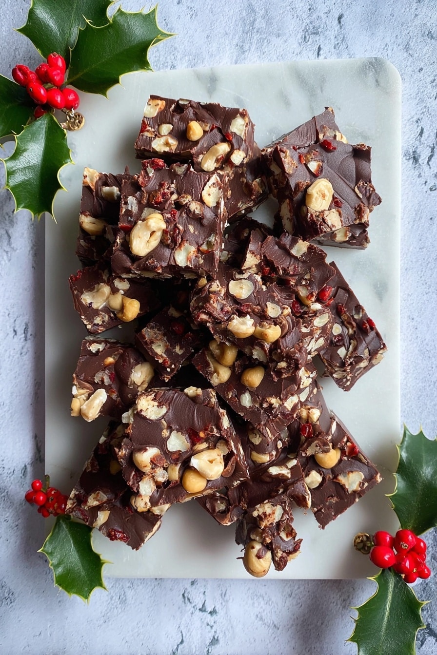 The image shows a white rectangular board laid on a white marbled surface, with multiple pieces of chocolate rocky road arranged on it. Each piece is a rich dark brown chocolate square filled with visible chunks of light beige nuts and bits of bright red dried fruit, giving the texture a rough, chunky look. The chocolate appears firm and glossy, holding the ingredients together in uneven shapes. Green holly leaves with red berries are placed on the top left and bottom right corners of the board, adding a seasonal touch. Photo taken with an iphone --ar 2:3 --v 7 - Chocolate Peanut Clusters, chocolate peanut treats, easy chocolate nut snack, no-bake nut bites, salty sweet chocolate snacks