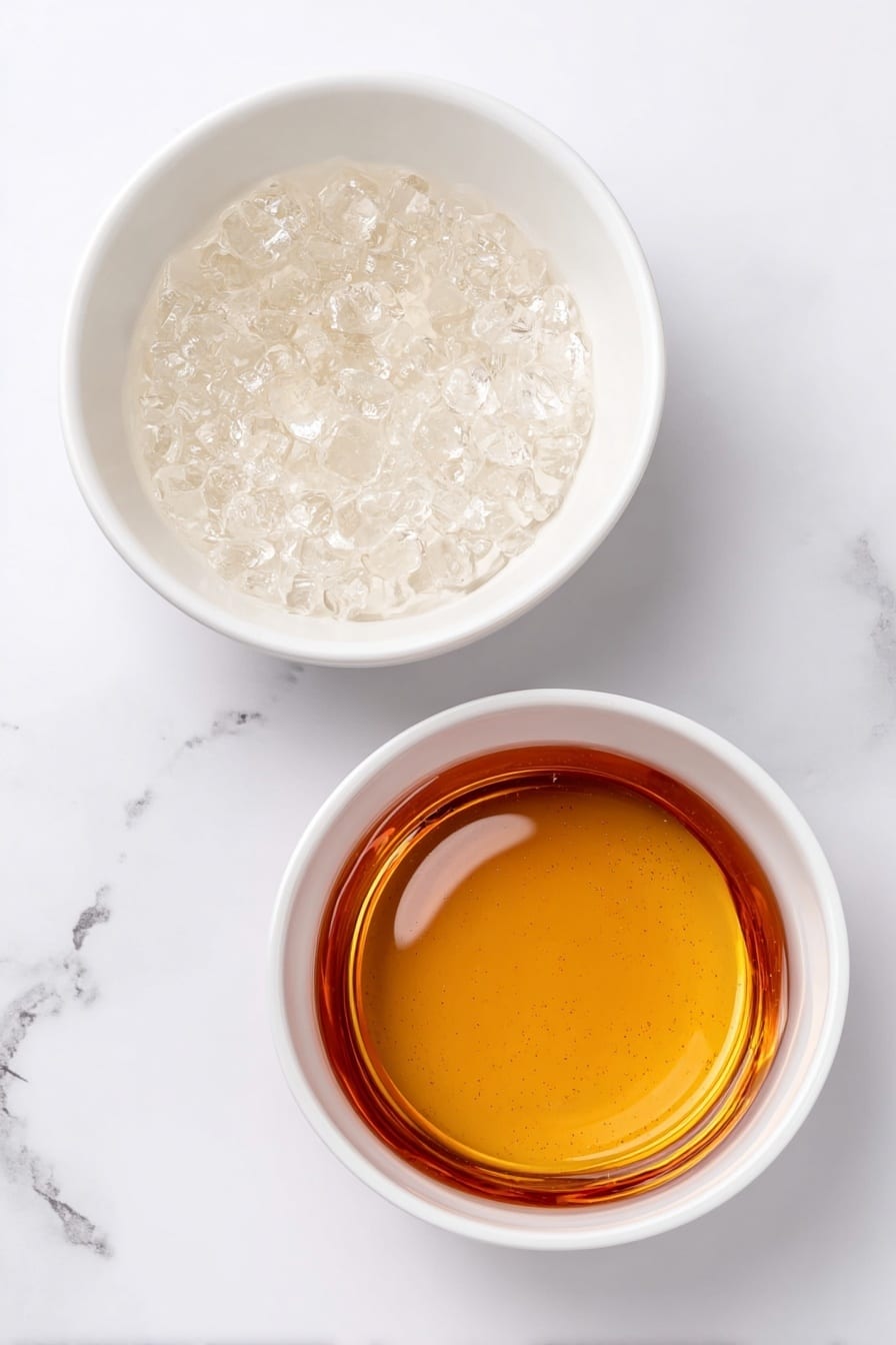 Homemade Maple Syrup Candy Recipe 7 Flat lay of a small white ceramic bowl filled with golden amber maple syrup, placed next to a clean white ceramic bowl of clear water, placed on a clean white marble surface, soft natural light, photo taken with an iPhone, professional food photography style, fresh ingredients, white ceramic bowls, no bottles, no duplicates, no utensils, no packaging --ar 2:3 --v 7 --p m7354615311229779997 - Homemade Maple Syrup Candy, maple syrup candy recipe, how to make maple candy, easy maple syrup candies, caramelized maple sugar treats