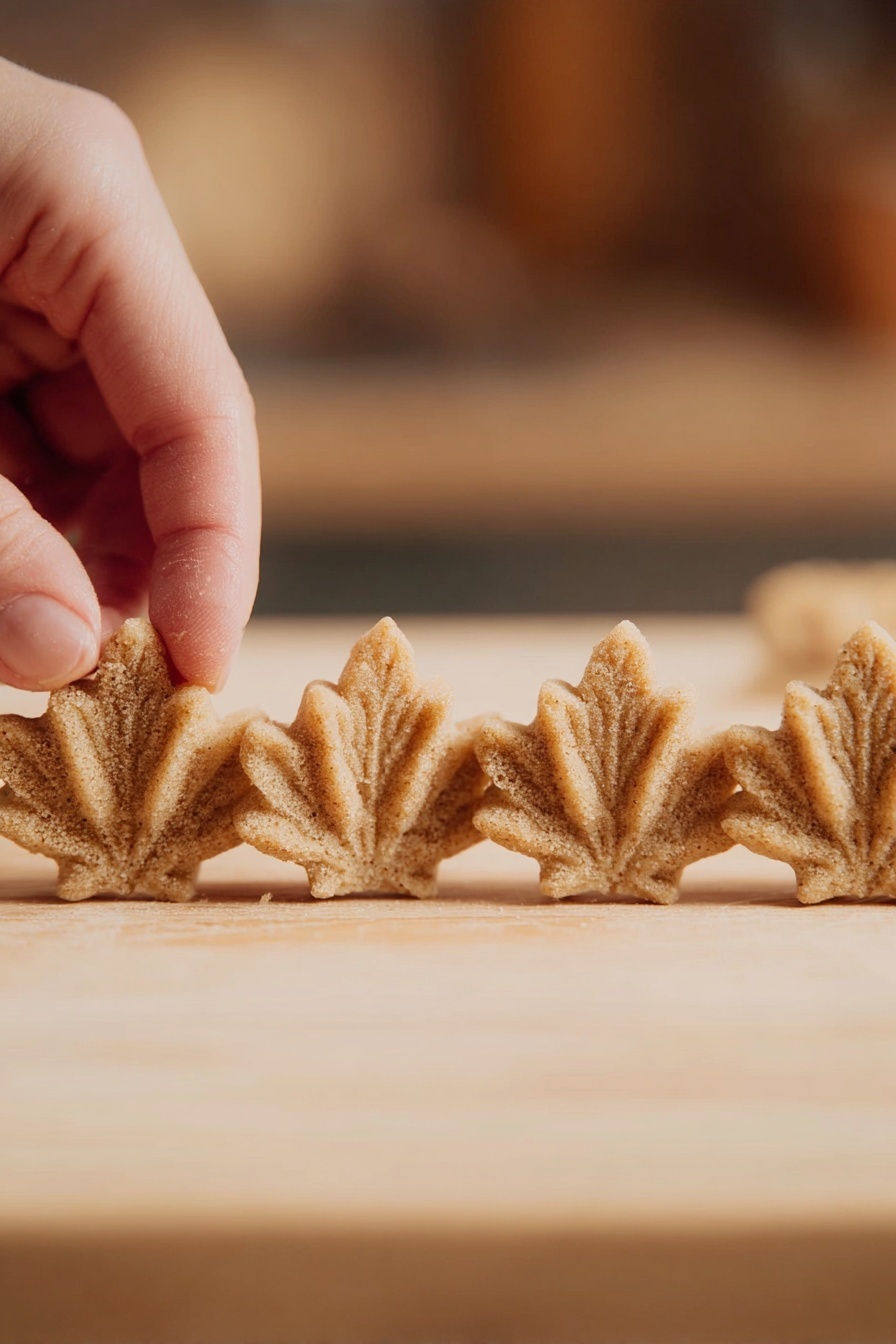 Homemade Maple Syrup Candy Recipe 6 The image shows four small, light brown, textured pieces shaped like maple leaves lined up on a light wooden surface, with a woman's hand gently holding the first piece on the left. The maple leaf shapes have detailed veins visible on the top, and the pieces look soft and slightly crumbly. The background is softly blurred in warm tones, keeping the focus on the maple leaf pieces. photo taken with an iphone --ar 2:3 --v 7 - Homemade Maple Syrup Candy, maple syrup candy recipe, how to make maple candy, easy maple syrup candies, caramelized maple sugar treats