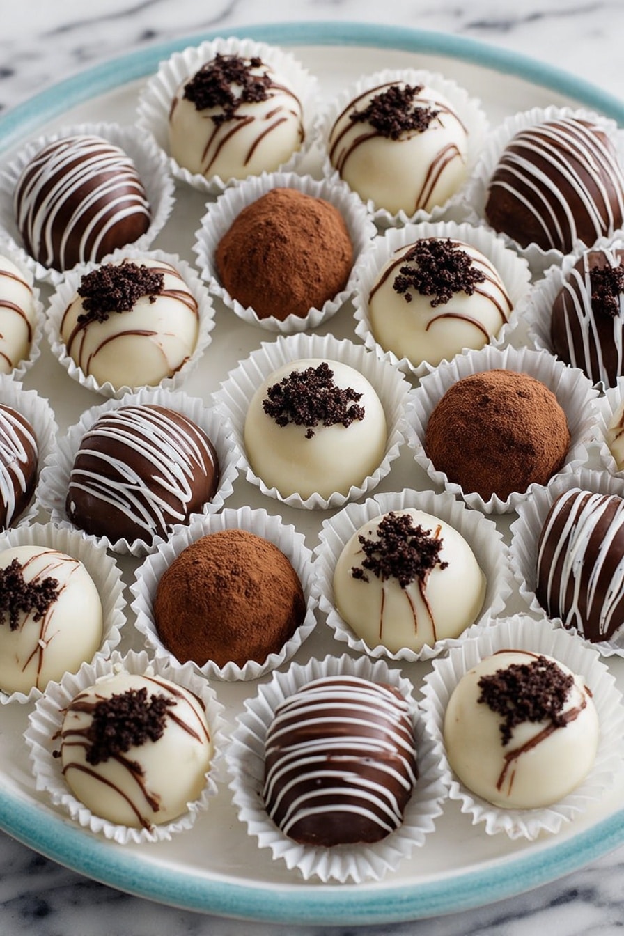 A round white plate holds 25 small round chocolates arranged in rows, each sitting in a white paper cup. The chocolates come in two colors: smooth white and smooth milk chocolate. Some white chocolates have a drizzle of milk chocolate in thin stripes across the top, while some milk chocolates have a white chocolate drizzle in thin stripes. Other pieces of both colors are topped with dark brown crumbly bits. The background surface is white marble. Photo taken with an iphone --ar 2:3 --v 7 - Oreo Truffles, Oreo Truffles recipe, no-bake Oreo desserts, easy chocolate truffles, party dessert ideas