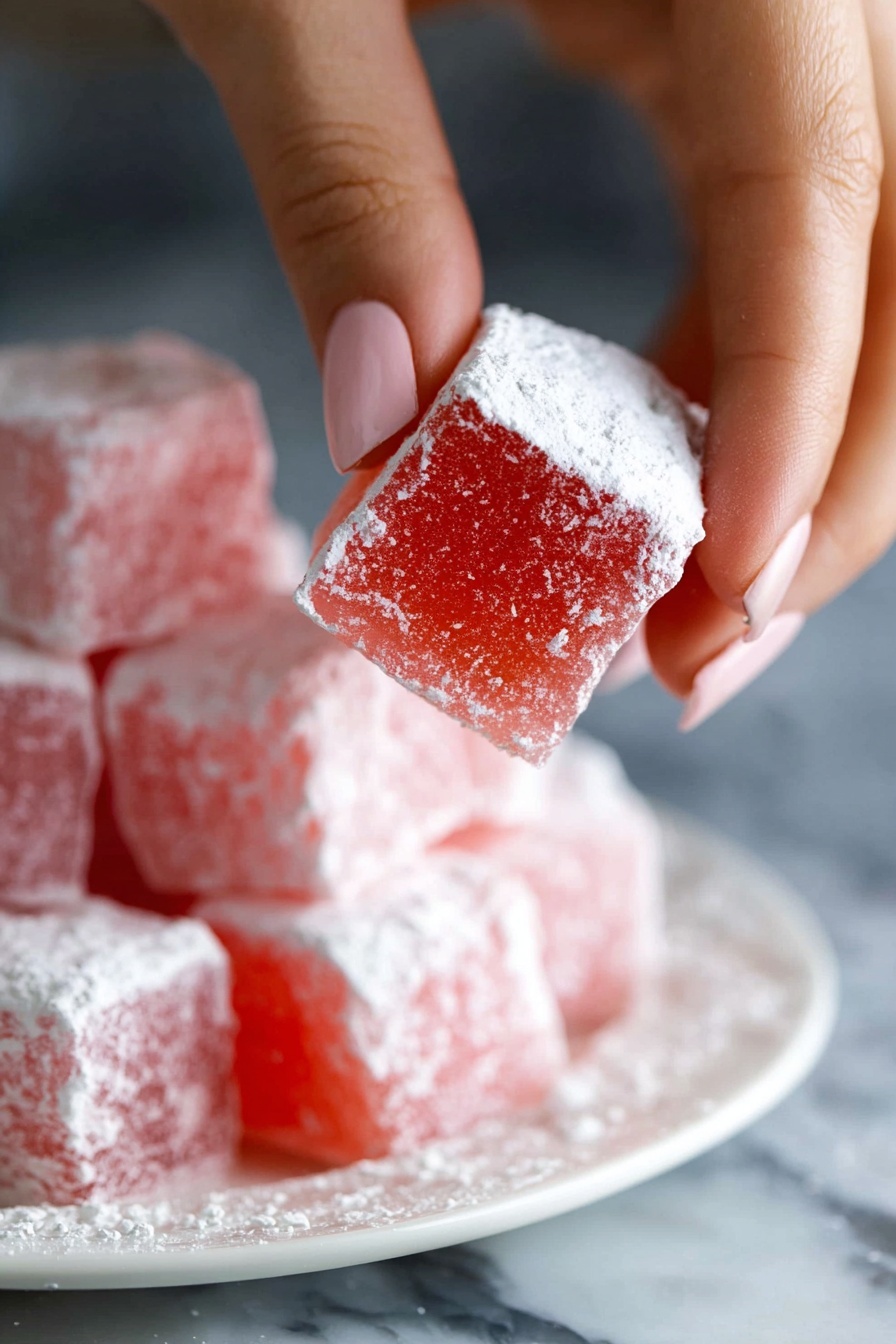 A close-up image shows a woman's hand holding a single pink square-shaped Turkish delight dusted with white powdered sugar. The candy has a soft, slightly shiny texture and is semi-transparent with a bright pink color inside. In the blurred background, there is a white plate stacked high with more pink Turkish delights covered in powdered sugar, all resting on a white marbled surface. photo taken with an iphone --ar 2:3 --v 7 - Turkish Delight, Turkish Delight recipe, authentic Turkish Delight, homemade Turkish Delight, Turkish sweets