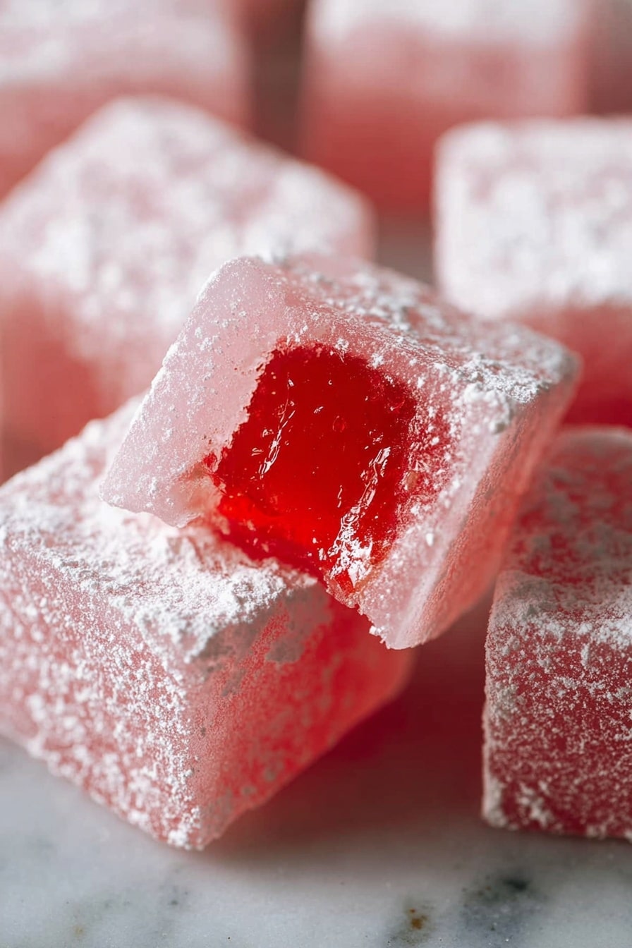 The image shows several square-shaped pink jelly cubes covered in a fine layer of white powdered sugar. One cube is in the front and center, with a bite taken out of its side, revealing a shiny, translucent red jelly inside. The texture of the cubes looks soft and slightly sticky under the sugar. The cubes are placed close together on a white marbled surface. The overall color is soft pink with a bright red center inside the bitten cube. photo taken with an iphone --ar 2:3 --v 7 - Turkish Delight, Turkish Delight recipe, authentic Turkish Delight, homemade Turkish Delight, Turkish sweets