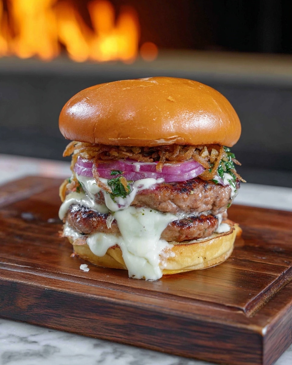 Choripan Burger with Chimichurri, Pickled Red Onions, and Jalapenos Recipe