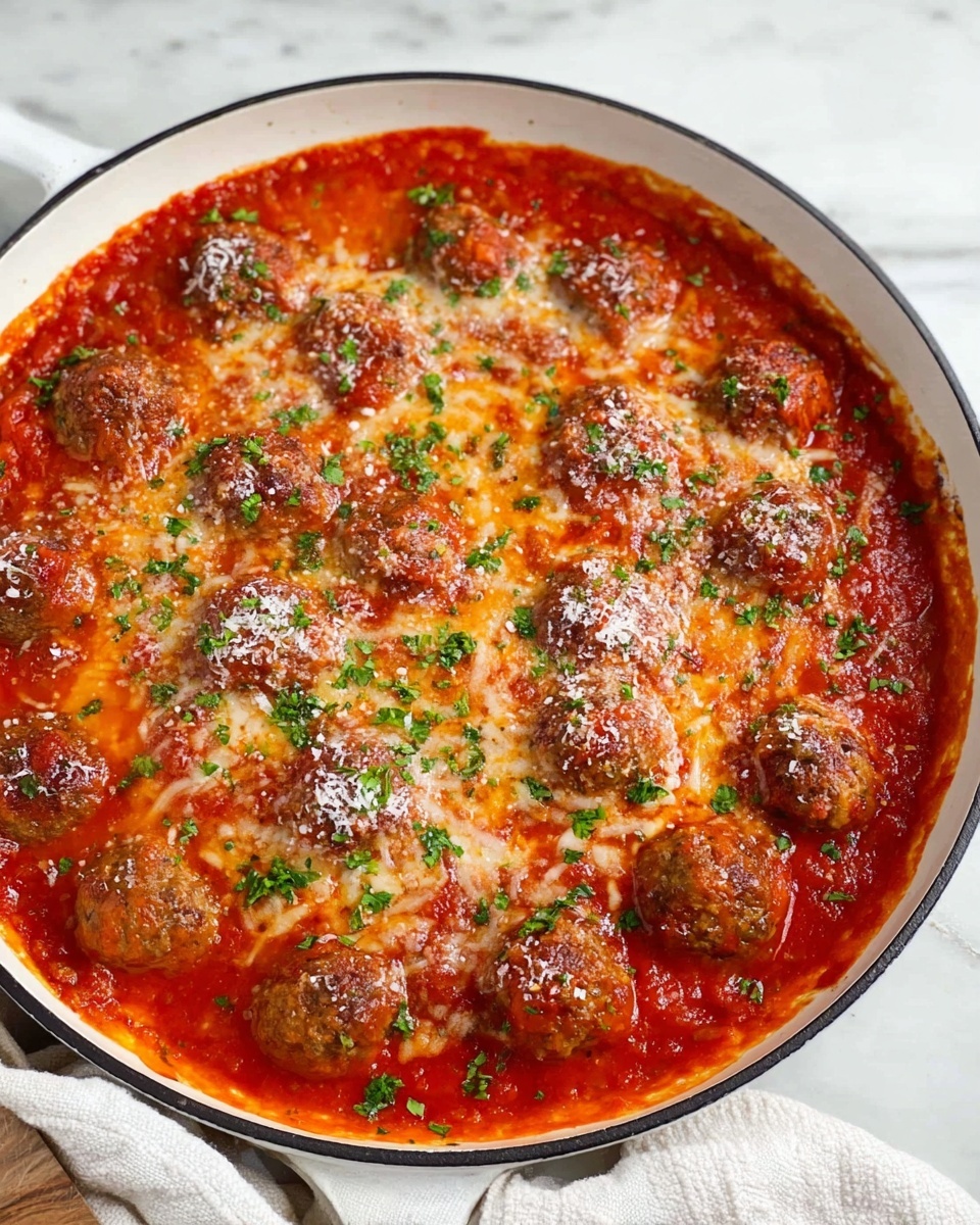 A skillet filled with meatballs covered in thick red tomato sauce topped with melted cheese that is golden and slightly bubbly. The meatballs are evenly spread under the sauce, showing round shapes and browned edges. The dish is garnished with sprinkle of grated cheese and small green herbs scattered on top, adding color contrast. The skillet is white and sits on a white marbled surface with part of a white cloth visible to the side. The overall look is rich, warm, and inviting. photo taken with an iphone --ar 4:5 --v 7