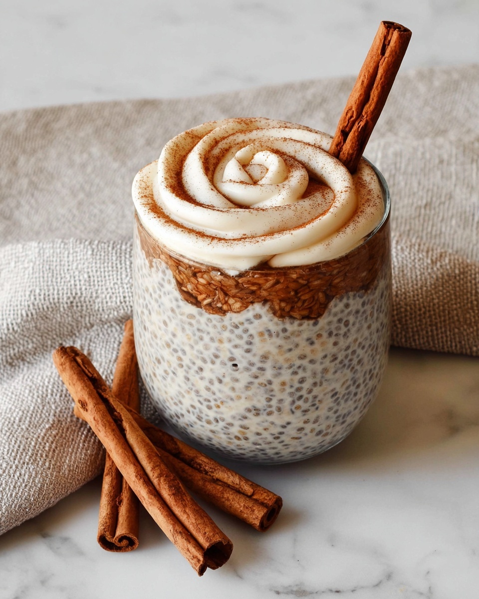 Cinnamon Roll Overnight Oats Recipe 5 A clear glass filled with three layers of creamy chia pudding mixed with small black chia seeds, topped with a layer of brown cinnamon powder, and decorated on top with a thick, white cream piped in a spiral shape. A single cinnamon stick is placed standing upright in the glass on one side. On the white marbled surface next to the glass, three whole cinnamon sticks lie arranged in a casual pile, with a neutral textured cloth behind the glass. Photo taken with an iphone --ar 4:5 --v 7