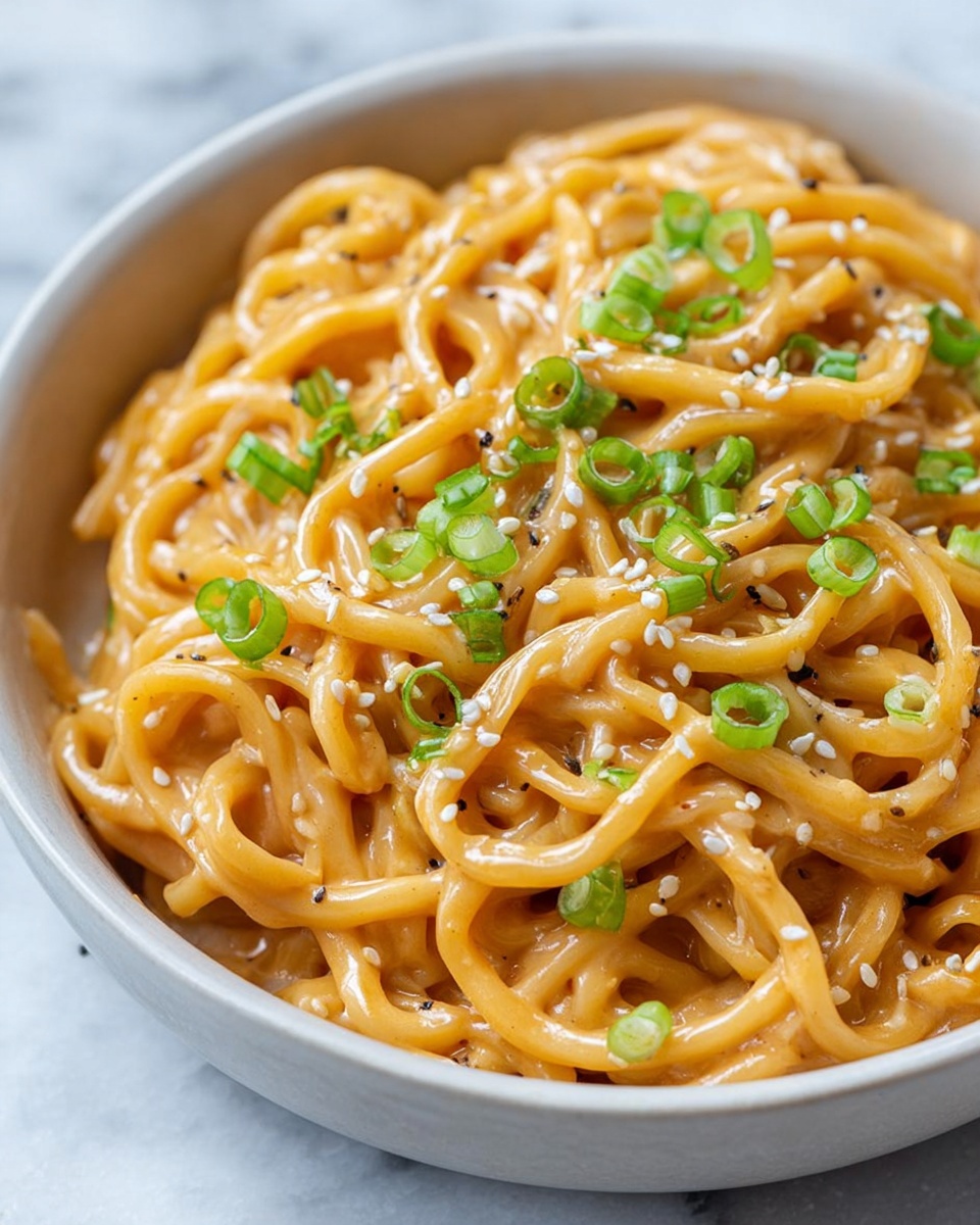 A close-up view of a bowl filled with thick, light orange noodles coated in a creamy sauce. The noodles have a smooth, shiny texture from the sauce and are scattered evenly with small white sesame seeds and chopped bright green onions. The bowl is white, with a simple smooth surface, placed on a white marbled background. The noodles fill the bowl fully, creating a neat, inviting look. photo taken with an iphone --ar 4:5 --v 7