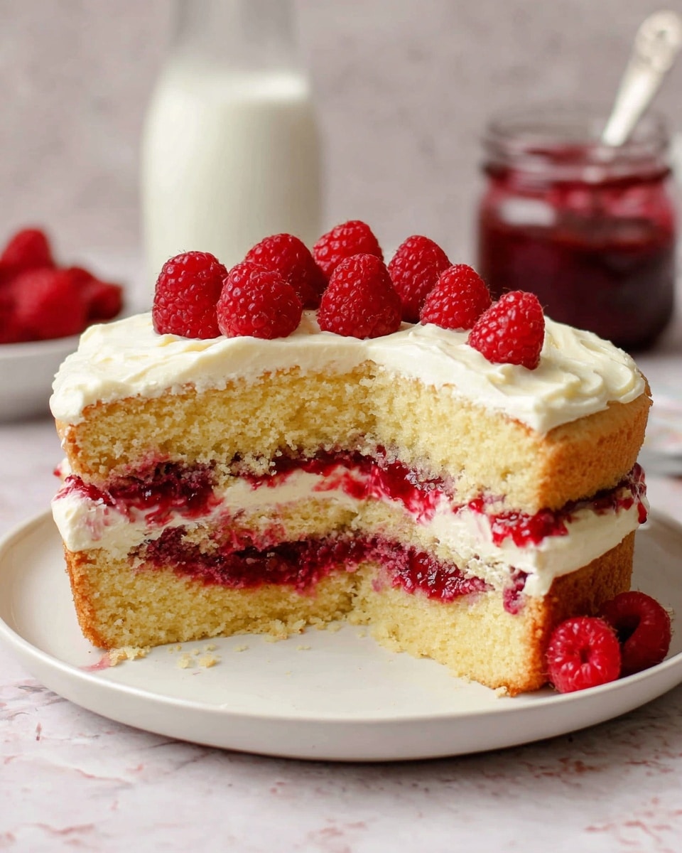 A two-layer yellow sponge cake is shown on a white plate, each layer filled with a bright red raspberry jam spread and whole raspberries embedded inside the cake. The top is covered with thick white cream frosting with a slightly textured surface, and several fresh, whole raspberries crown the center. The cake has a soft and moist texture visible on the cut side. In the background, there is a glass bottle of milk and a jar containing more red jam. The setting surface is white marbled texture. Photo taken with an iphone --ar 4:5 --v 7