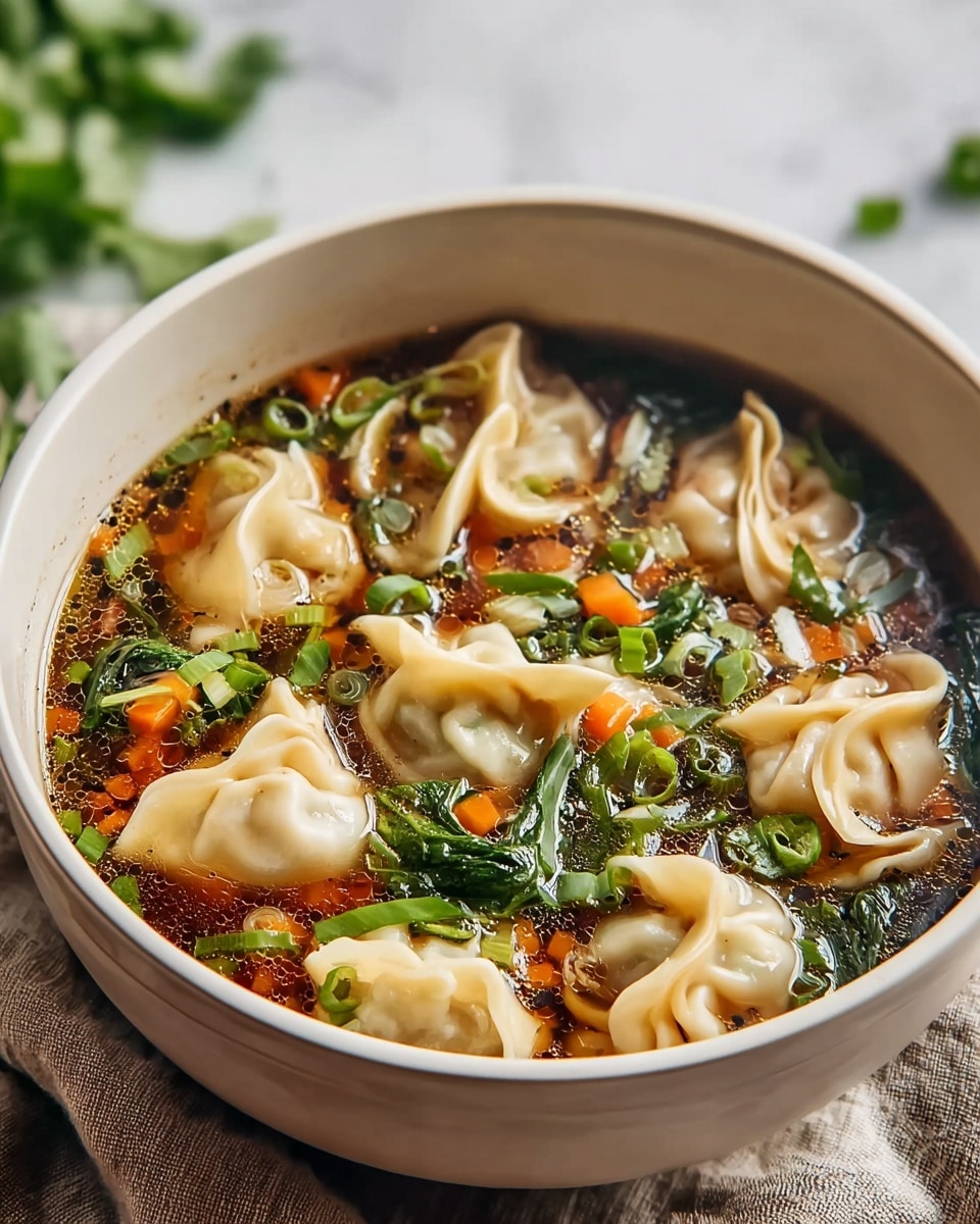 Potsticker Soup: A Comforting Delight Recipe 5 A white bowl filled with clear brown broth containing several light beige dumplings floating on top, with orange carrot slices and small green onion pieces scattered throughout. A silver spoon rests inside the bowl on the right side. The bowl sits on a white plate on a white marbled surface with a soft beige cloth in the background. photo taken with an iphone --ar 4:5 --v 7