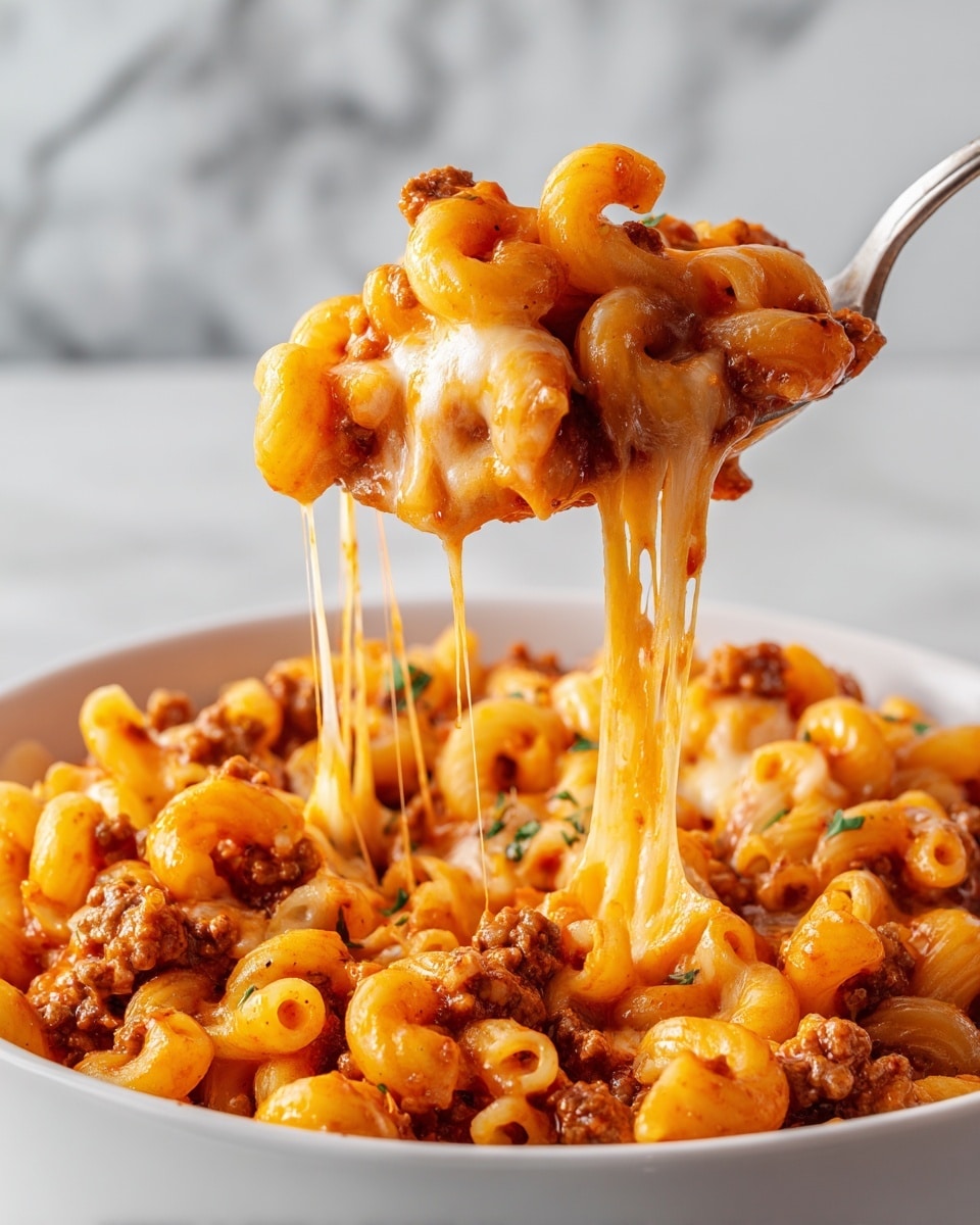 One Pot Slumgullion (American Goulash) Recipe 6 A close-up view showing a white spoon lifting a large scoop of macaroni pasta mixed with small pieces of ground meat and tomato sauce, all topped with melted bright orange cheese that stretches in long strings back to a white bowl filled with the same cheesy pasta. The pasta is small and curly, the sauce is thick and chunky, and the cheese looks smooth and melted over the top, dripping off the sides. The background is a white marbled texture. photo taken with an iphone --ar 4:5 --v 7