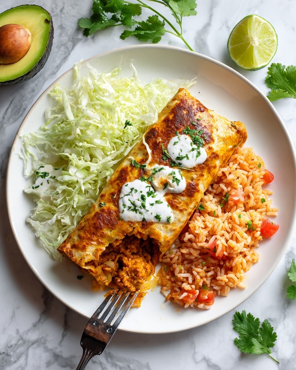 Baked Chicken Chimichangas Recipe 5 A white round plate shows a stuffed burrito with a golden brown, slightly crispy tortilla top layer with a few green herb sprinkles and dollops of white sauce scattered on top. Inside the burrito, a rich orange filling is visible where it is open. The burrito rests on a bed of thin, light green shredded lettuce covering the left side of the plate. On the right, there is a portion of pinkish-orange rice mixed with red tomato pieces and green bits. The plate sits on a white marbled surface with a halved avocado, lime wedges, and some cilantro leaves around it. A fork stuck into the burrito reveals the filling. photo taken with an iphone --ar 4:5 --v 7