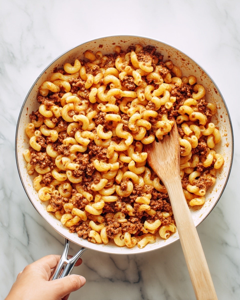 Homemade Hamburger Helper Recipe 6 The image shows a white skillet filled with a mix of elbow-shaped pasta and browned ground meat in a reddish sauce. The pasta is light yellow, while the meat is medium brown, evenly mixed throughout the skillet. There is a wooden spatula resting inside the skillet, partially covered in the sauce and pasta. The skillet sits on a stove, all placed on a white marbled surface. The dish looks warm and ready to serve, with the sauce coating the pasta and meat well. photo taken with an iphone --ar 4:5 --v 7
