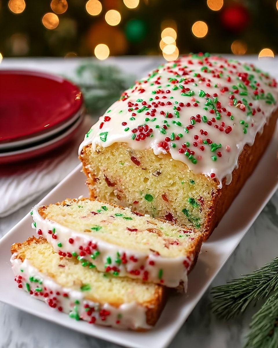 Christmas Sprinkle Buttermilk Bread Recipe 5 A rectangular cake loaf with one slice cut, showing a soft yellow inside speckled with red and green sprinkles throughout. The top layer is thick white icing spread evenly, covered with small red and green sprinkles, with some light brown spots of nuts. The cake sits on a white rectangular plate on a white marbled surface, with some pine branches in the corner, and blurred warm lights and holiday decorations in the background. photo taken with an iphone --ar 4:5 --v 7