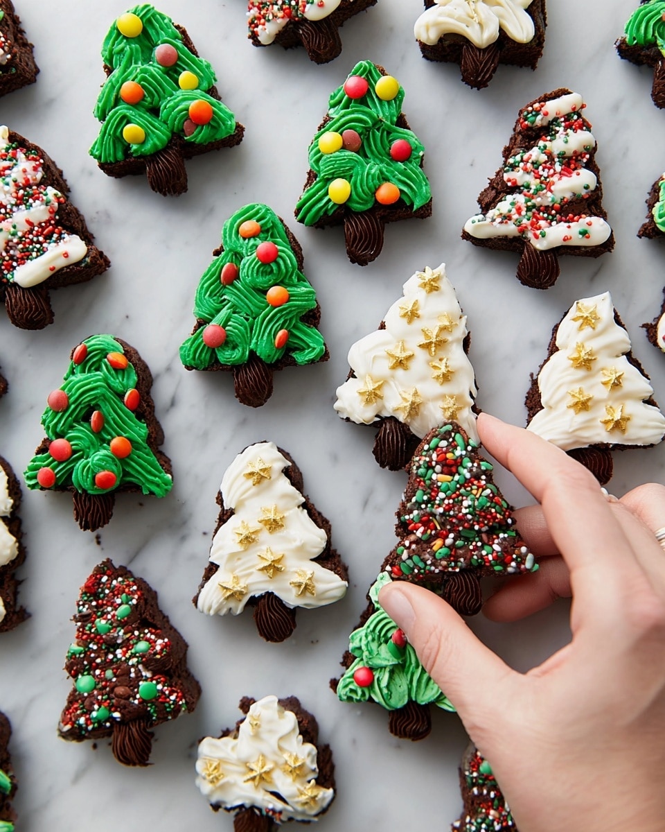 Christmas Brownie Shapes with Festive Buttercream Frosting Recipe 6 The image shows many small, brown, tree-shaped brownies decorated in two main styles. One style has a smooth green frosting layer shaped like pine needles with colorful round candy decorations on top, arranged all over the tree. The other style features thick, white frosting swirled to resemble snow layers, decorated with small round gold candies or small star and sprinkle toppings in red, green, and white. Each brownie has a short, dark brown trunk at the bottom. A woman's hand is picking up a brownie decorated with green frosting and colorful round candies. All brownies lie on a white marbled surface. photo taken with an iphone --ar 4:5 --v 7