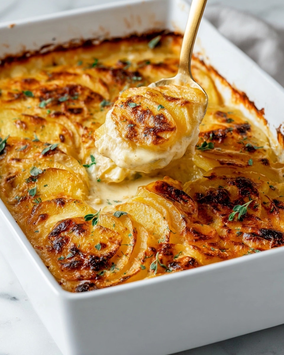 Dad’s Creamy & Cheesy Au Gratin Potatoes Recipe 6 The image shows a white rectangular dish filled with a baked cheesy potato casserole. The top layer is golden-brown melted cheese with some darker crispy spots, sprinkled with small bits of green herbs for garnish. Underneath, tender slices of yellow potatoes are arranged in curved layers, covered by a thick, creamy cheese sauce. A golden spoon is scooping out a portion, showing the soft, warm texture of the potato layers beneath the browned surface. The dish sits on a white marbled surface, and a woman's hand holds the spoon from above. photo taken with an iphone --ar 4:5 --v 7