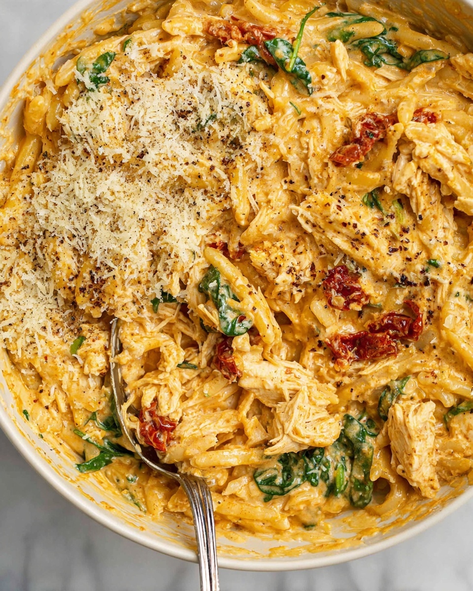 The dish is a creamy, orange-colored pasta with visible layers of shredded chicken pieces and bright green spinach leaves mixed throughout. Sun-dried tomatoes add small patches of deep red, while a generous sprinkle of grated cheese covers one side, showing a light yellow and slightly crumbly texture with black pepper specks on top. A silver spoon is partially buried in the dish, resting near the bottom right. The entire scene is set against a white marbled surface. photo taken with an iphone --ar 4:5 --v 7