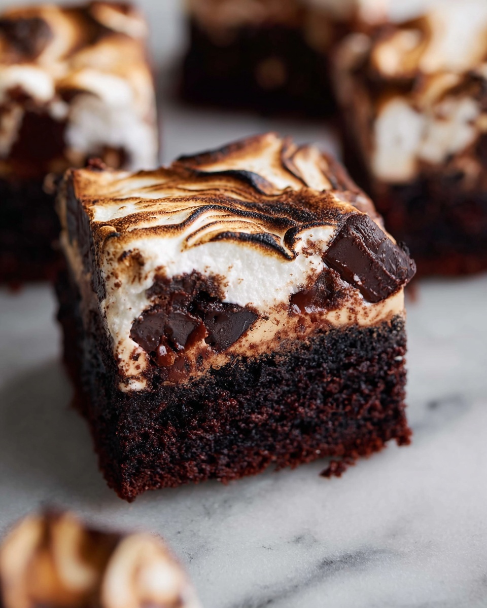 Marshmallow Brownies Recipe 6 This image shows a close-up of a thick, rectangular chocolate brownie with three visible layers. The bottom layer is a dense, dark chocolate base with a rich, moist texture. The middle layer has chunks of melted dark chocolate embedded in the brownie, adding a glossy contrast with a smooth texture. The top layer is a slightly toasted, swirled marshmallow topping with a white and golden-brown color, giving a soft and fluffy appearance. The brownie rests on a white marbled surface with other similar brownies blurred in the background. photo taken with an iphone --ar 4:5 --v 7