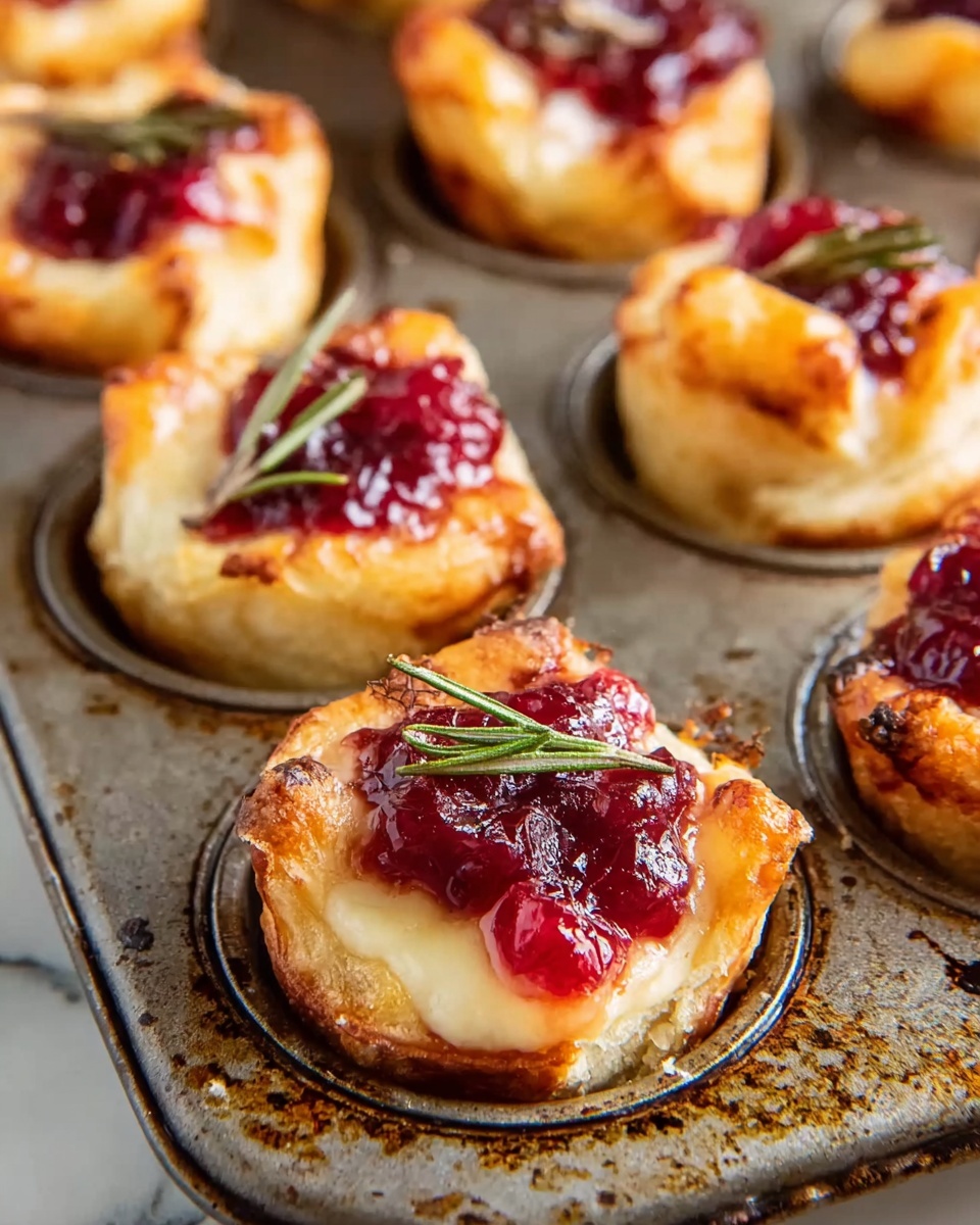 The image shows several small baked pastry bites arranged in a metal muffin tray on a white marbled surface. Each pastry has a golden-brown, flaky crust as the bottom layer, topped with a melted creamy cheese layer that looks smooth and soft. On top of the cheese, there is a bright red fruit spread or jam, with a slightly chunky texture. Some pastries have small sprigs of fresh green rosemary peeking out from the sides, adding a natural touch. The muffin tray is slightly worn with dark marks, creating a contrast with the warm colors of the pastries. Photo taken with an iphone --ar 4:5 --v 7