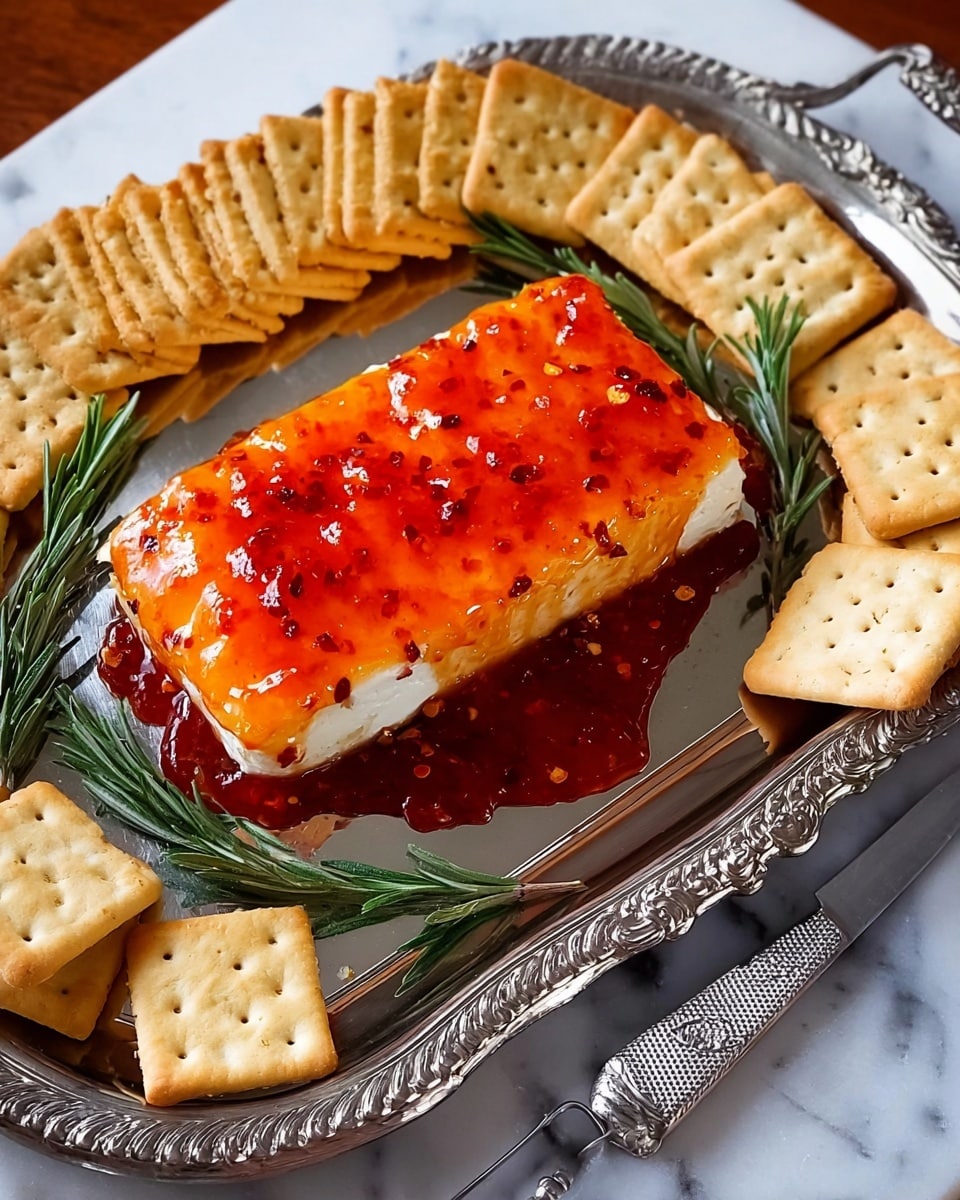 Pepper Jelly Cream Cheese Appetizer with Crackers Recipe 6 The image shows a white cracker with a smooth, soft layer of white cheese spread on top, covered partially with a bright orange-red jelly that has a glossy texture and small bits inside. This cracker is placed in front of a rectangular block of white cheese covered with the same orange-red jelly layer on top. The cheese block sits on a generous layer of darker red jelly, which spreads unevenly across a shiny silver plate. There are more plain white crackers arranged on the right side of the plate. A silver knife with a catch of cheese and jelly rests beside the block. A sprig of fresh green rosemary lies to the left on a white marbled surface. Photo taken with an iphone --ar 4:5 --v 7