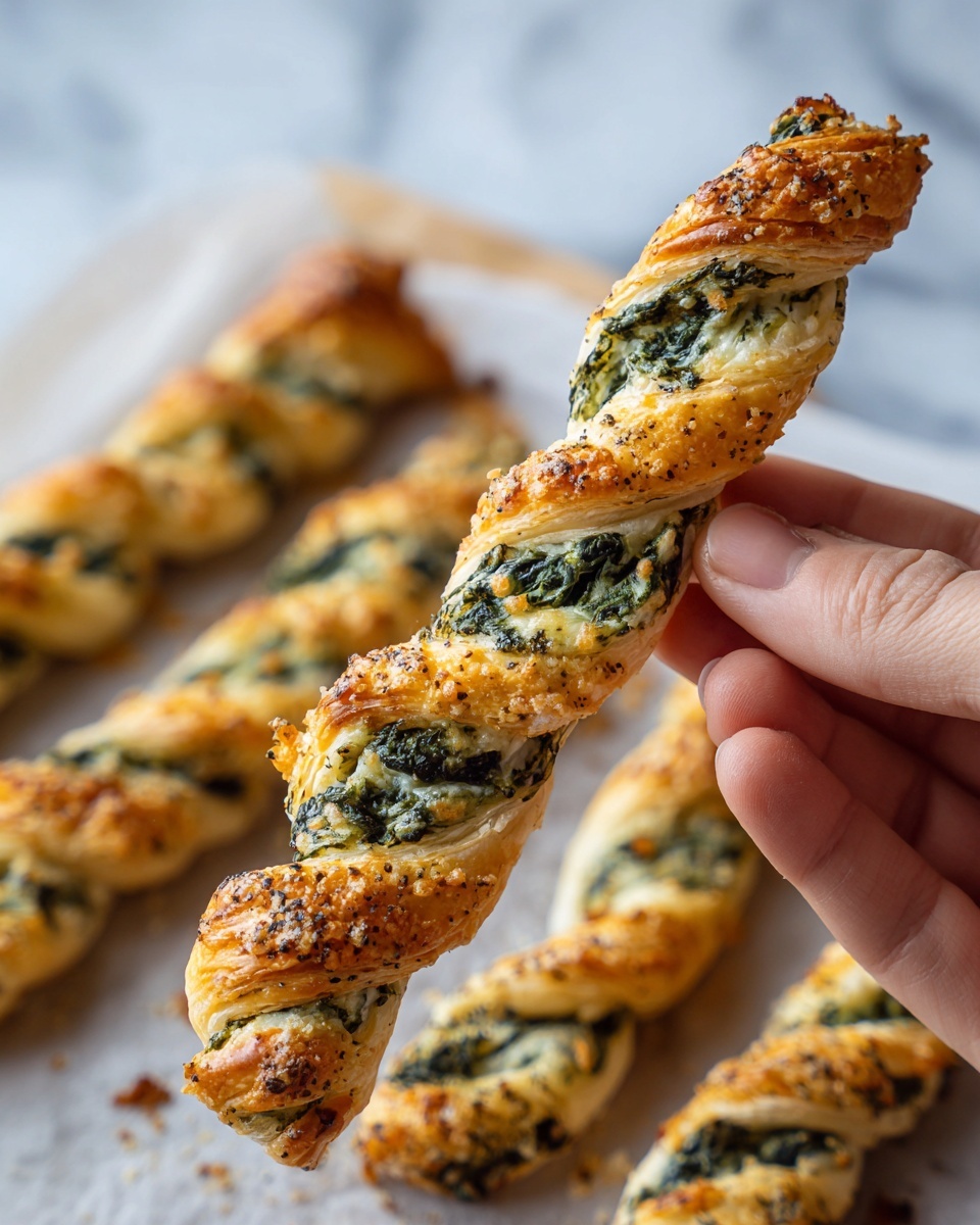 A close-up of a twisted pastry stick held by a woman's hand shows two layers: a golden-brown flaky dough twisted with a green and creamy spinach and cheese filling that is textured and speckled with black pepper. In the background, more of these twisted sticks are arranged on parchment paper on a white marbled surface, with the focus softly fading. The pastry appears crispy outside and soft inside, showing the contrast between the golden dough and the rich green filling. Photo taken with an iphone --ar 4:5 --v 7