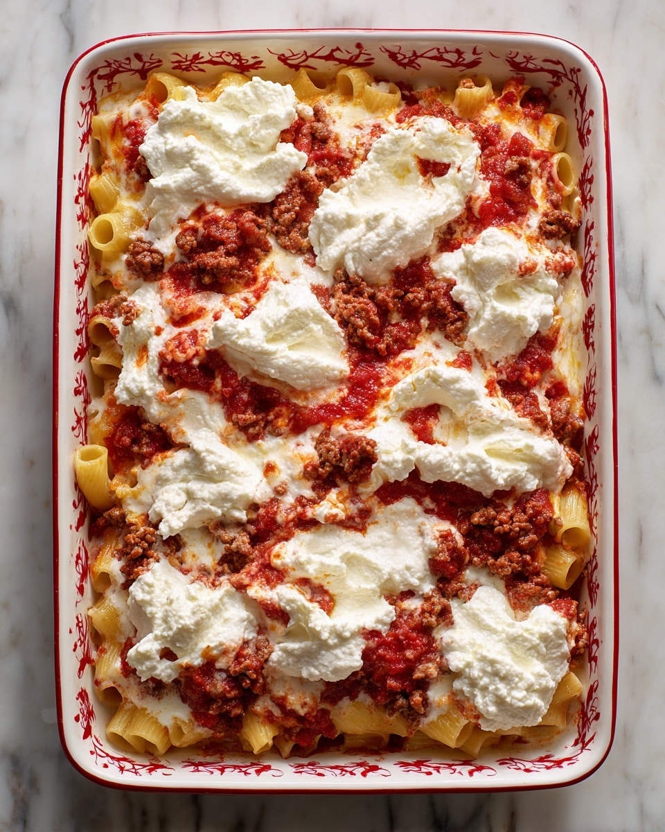 Classic Baked Ziti Recipe 5 A white rectangular baking dish with red decorative patterns holds a layered pasta dish. The bottom layer is tube-shaped pasta mixed with red sauce and browned ground meat, covering the entire base. On top, there are irregular dollops of white, creamy ricotta cheese spread across in several large patches. Over the cheese, there is more red tomato sauce with ground meat scattered unevenly, creating a mix of red and white colors. The texture shows soft pasta, chunky meat sauce, and smooth cheese. The dish is set on a white marbled textured surface photo taken with an iphone --ar 4:5 --v 7