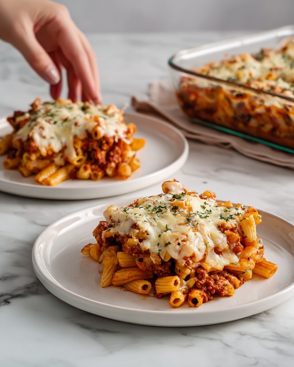 Baked Ziti Recipe 5 The image shows two white plates on a white marbled surface, each filled with a layered pasta dish made with short tube pasta mixed with a red tomato sauce and ground meat. The pasta serves as the base layer, topped with a generous layer of melted cheese that looks soft and lightly browned, scattered with green herb bits. The cheese layer is sprinkled with grated cheese creating a textured topping. Both plates hold a hearty portion, with parts of the dish spilling slightly on the sides. In the background, a clear glass baking dish with the same pasta dish is partially visible with a woman's hand reaching near it. photo taken with an iphone --ar 4:5 --v 7