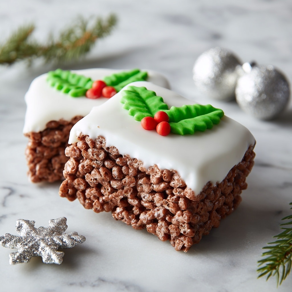 The image shows round, textured treats made from puffed cereal mixed with chocolate, each topped with a white frosting layer that covers about half of the top surface. On this white frosting, there are green fondant holly leaves with visible veins and three small red fondant berries. The treats are placed on a white marbled surface surrounded by silver and white Christmas ball ornaments and white ribbons tied in bows, creating a festive holiday feel. The lighting is soft and bright, highlighting the textures and colors clearly. photo taken with an iphone --ar 4:5 --v 7