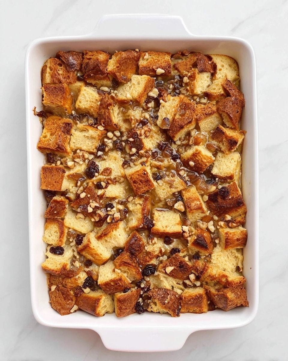 A white rectangular baking dish filled with a baked bread pudding. The top layer has golden brown toasted bread cubes mixed with small pieces of nuts and raisins scattered evenly across the surface. The bread cubes have a slightly rough texture with some darker browned spots. The nuts add a crunchy texture and light brown color, while the raisins bring darker amber and blackish accents. The pudding looks moist with a slightly shiny glaze between the bread and nut pieces. The dish is placed on a white marbled surface. Photo taken with an iphone --ar 4:5 --v 7
