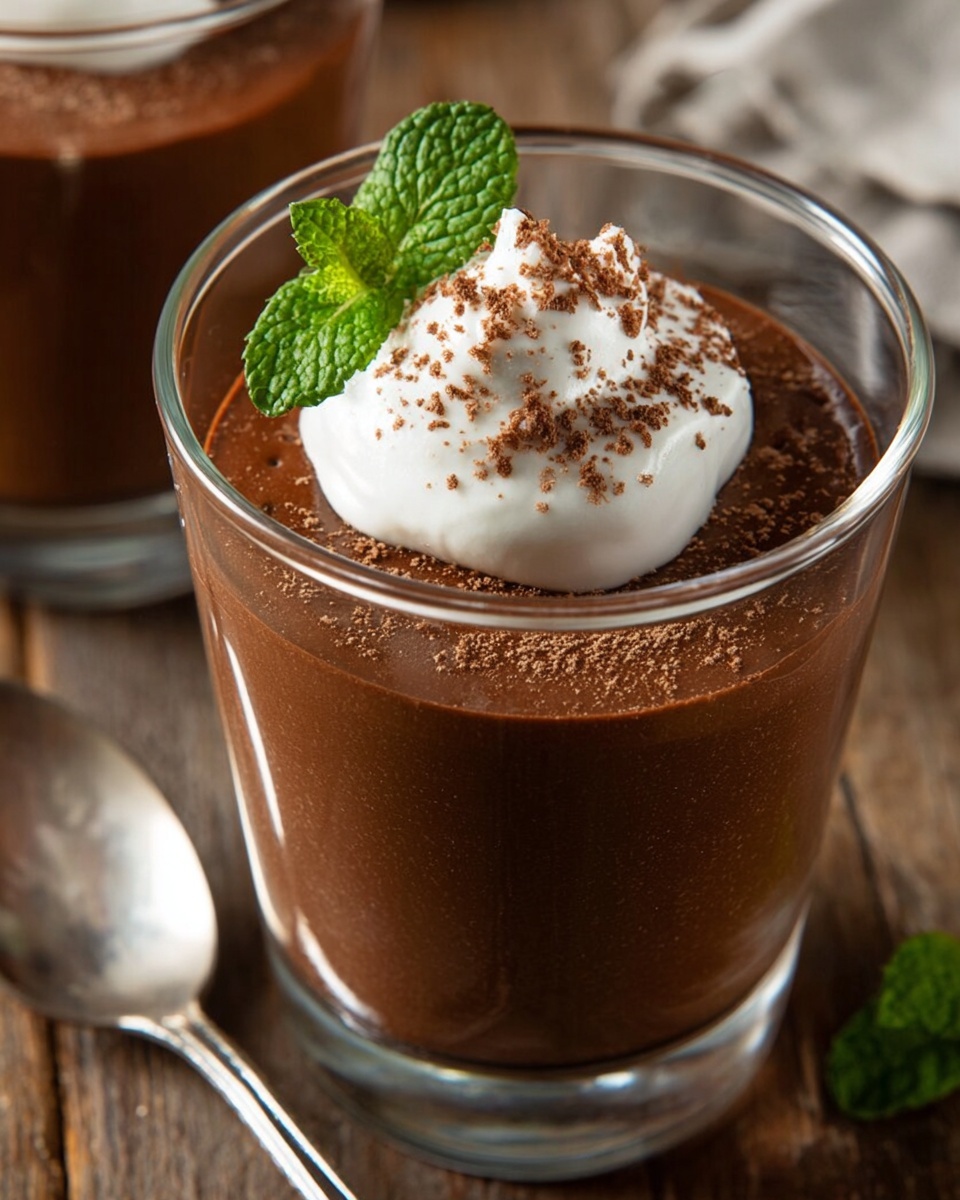 A clear glass filled with dark brown chocolate mousse that looks smooth and creamy. On top, there is a white whipped cream dollop with a few light brown cocoa sprinkles. Resting on the whipped cream are two small fresh green mint leaves. The glass is on a wooden surface, with a silver spoon placed beside it. In the blurry foreground, part of another glass with the same mousse and topping is visible. photo taken with an iphone --ar 4:5 --v 7