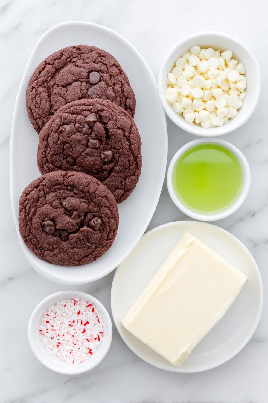 Flat lay of a small pile of chewy red velvet cookies with visible chocolate chips, a block of smooth cream cheese with a creamy texture, a small white bowl filled with glossy white chocolate chips, a tiny white bowl containing vibrant green food coloring gel, and a handful of small red heart sprinkles scattered artfully, all arranged in perfect symmetry on simple white ceramic bowls and plates, placed on a clean white marble surface, soft natural light, photo taken with an iPhone, professional food photography style, fresh ingredients, white ceramic bowls, no bottles, no duplicates, no utensils, no packaging --ar 2:3 --v 7 --p m7354615311229779997 - Grinchy Red Velvet Cake Balls, festive holiday dessert, no-bake cake balls, Christmas treats, green and red holiday bites