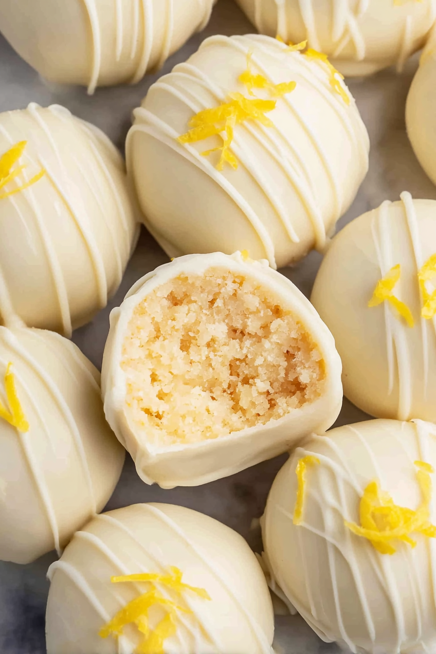 The image shows about fourteen round white chocolate-covered balls scattered on a white marbled surface. Each ball is smooth with a light glossy texture and is drizzled with thin lines of white chocolate. Small, bright yellow lemon zest pieces are sprinkled on top of each ball, adding a pop of color. In the corner, half of a bright yellow lemon and a whole lemon are placed, showing the fruit’s juicy inside and textured peel. The scene is softly lit with a fresh and clean look. Photo taken with an iphone --ar 2:3 --v 7 - Lemon Oreo Truffles, Lemon Oreo Truffles recipe, no-bake lemon truffles, citrus Oreo dessert, easy lemon truffles